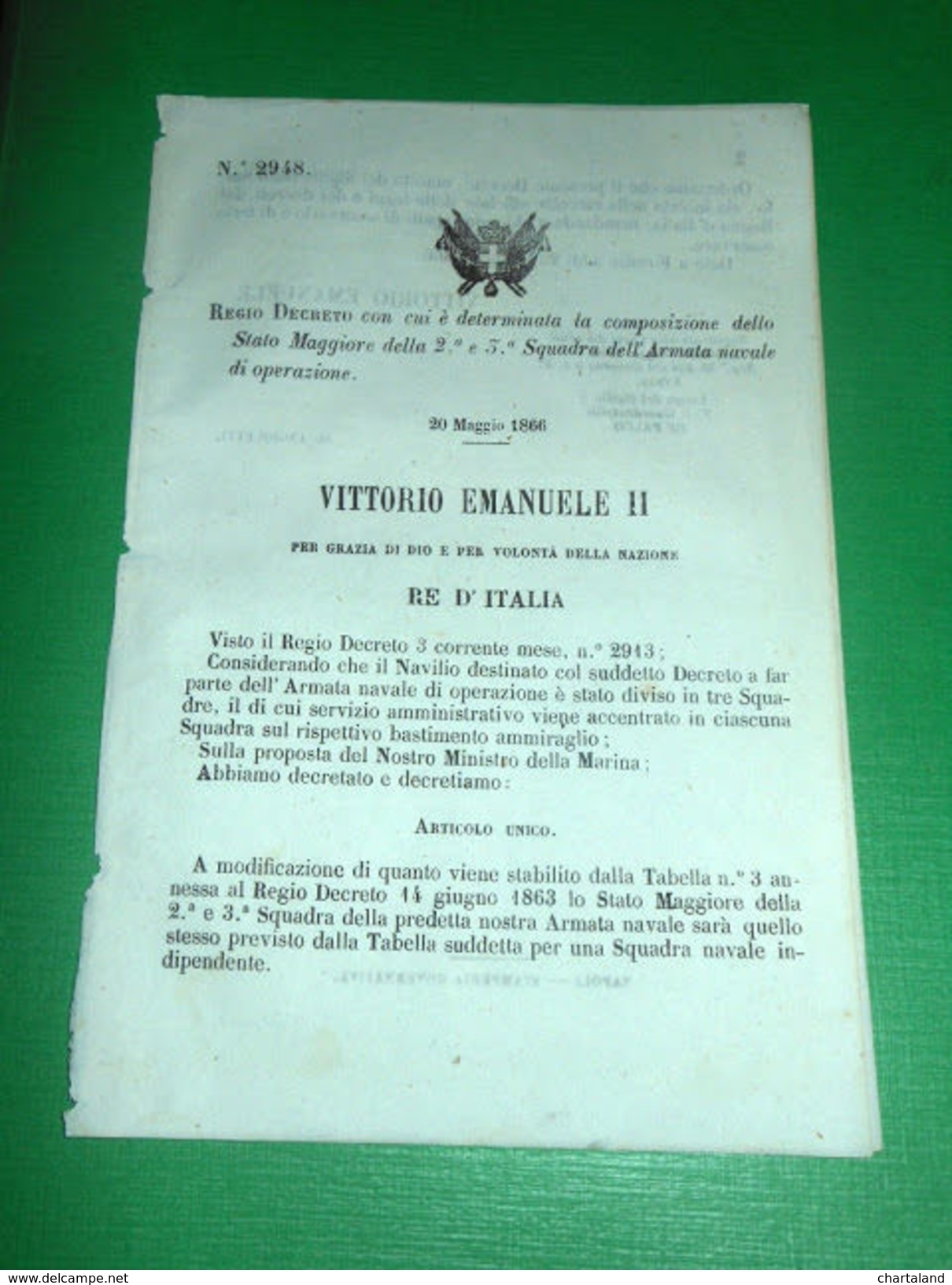 Regno D' Italia Regio Decreto Stato Maggiore 2^ E 3^ Squadra Armata Navale 1866 - Non Classificati