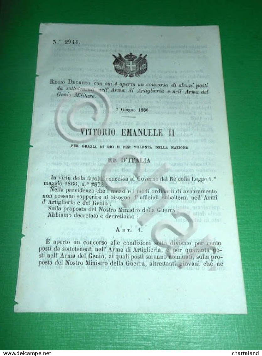 Regno D'Italia Regio Decreto Concorso Posti Sottotenenti Artiglieria Genio 1866 - Non Classificati