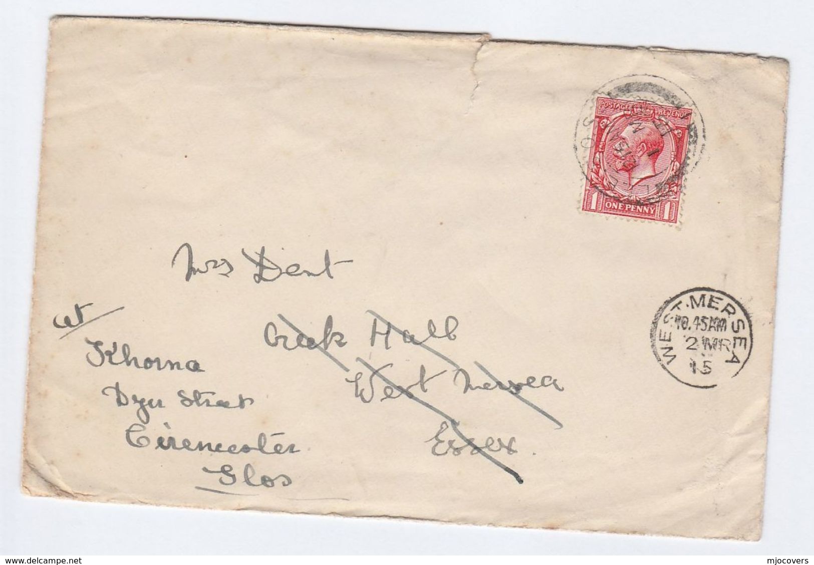 1915 GB COVER  'LEE.S.O.S.E.'  &  WEST MERCEA Cds , REDIRECTED To Cirencester, Gv Stamps - Covers & Documents