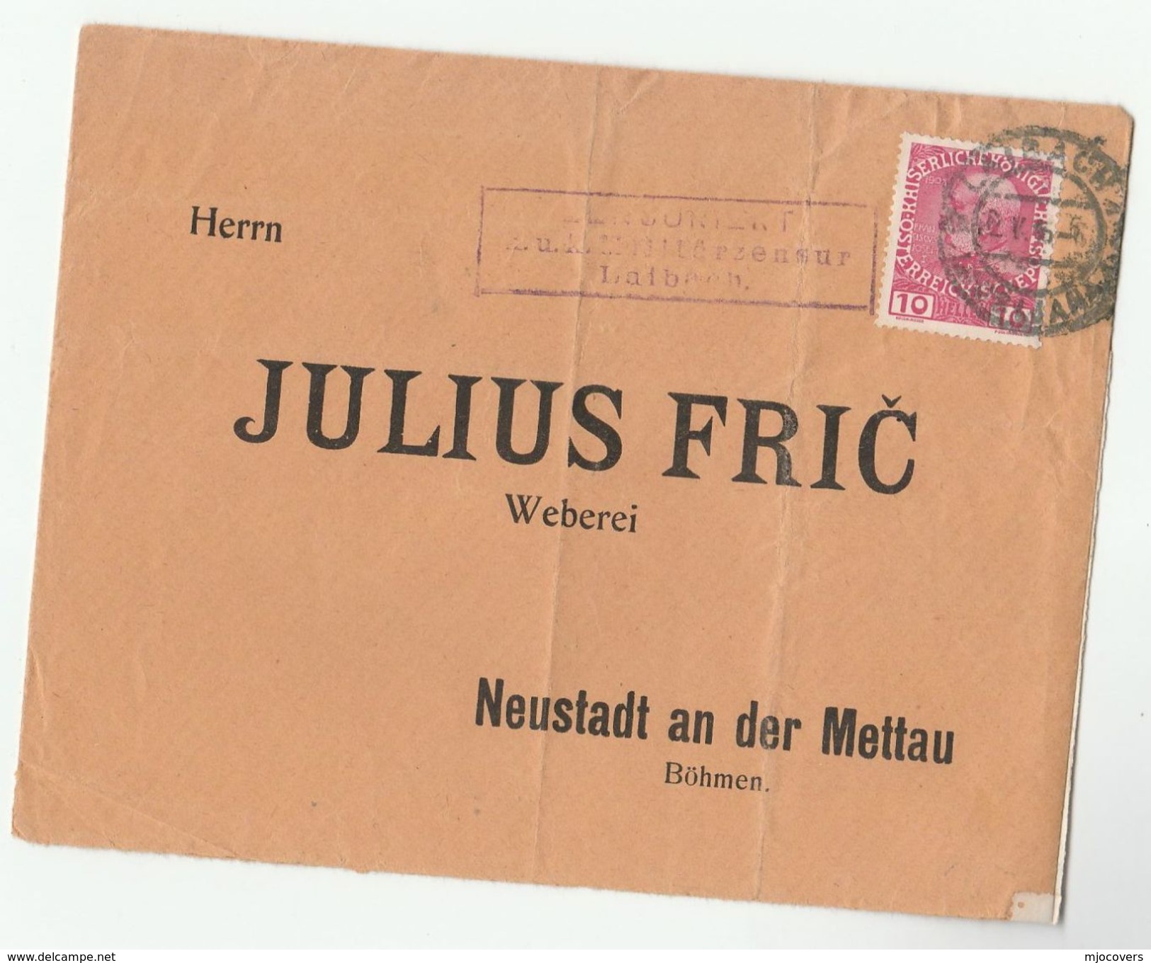 1915 Laibach AUSTRIA COVER CENSOR To Bohemia Censored Ljubljana Slovenia Stamps - Covers & Documents