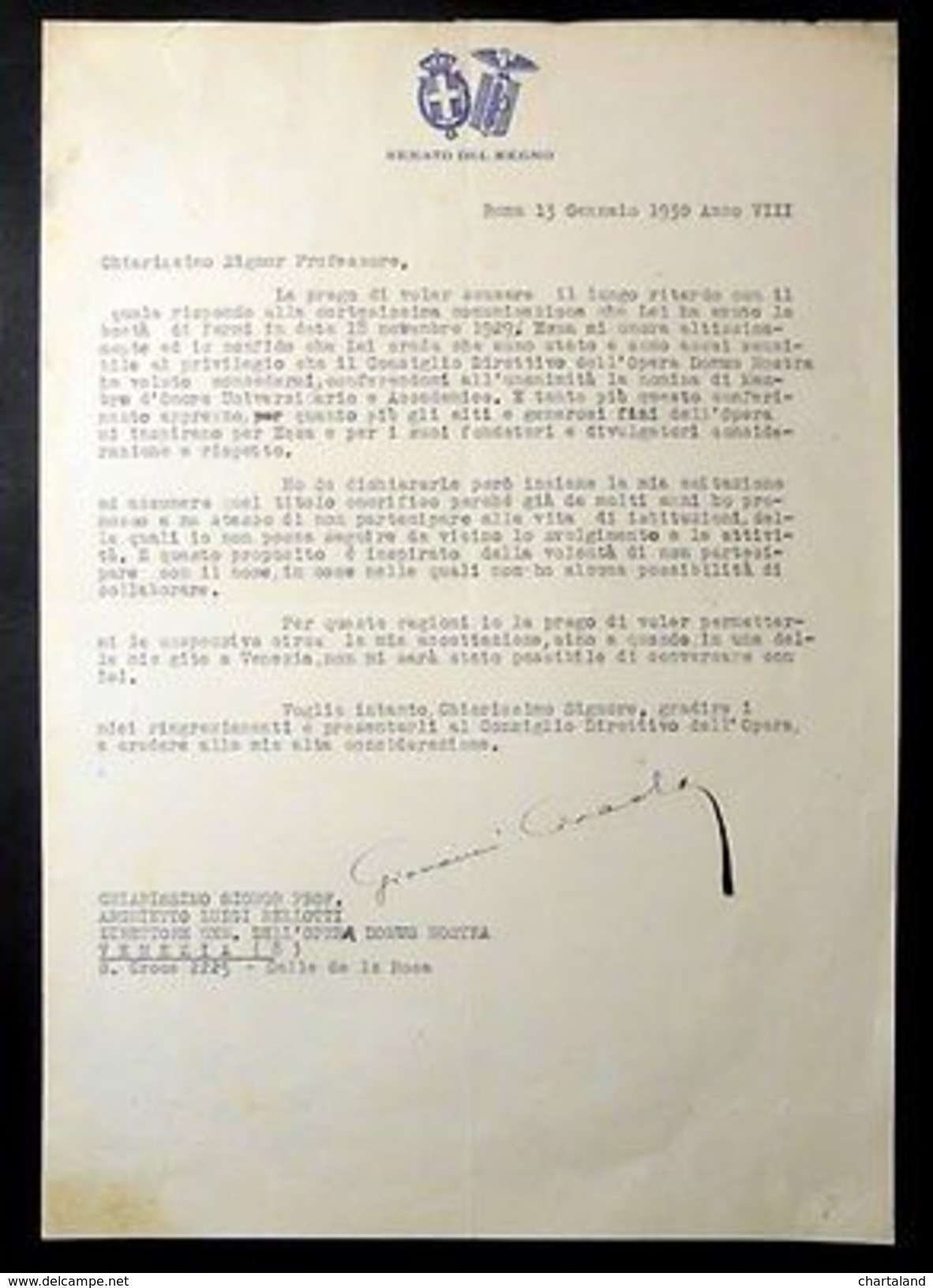 Lettera Dattiloscritta Con Autografo - Senatore Giovanni Ciraolo - 1930 - Autres & Non Classés