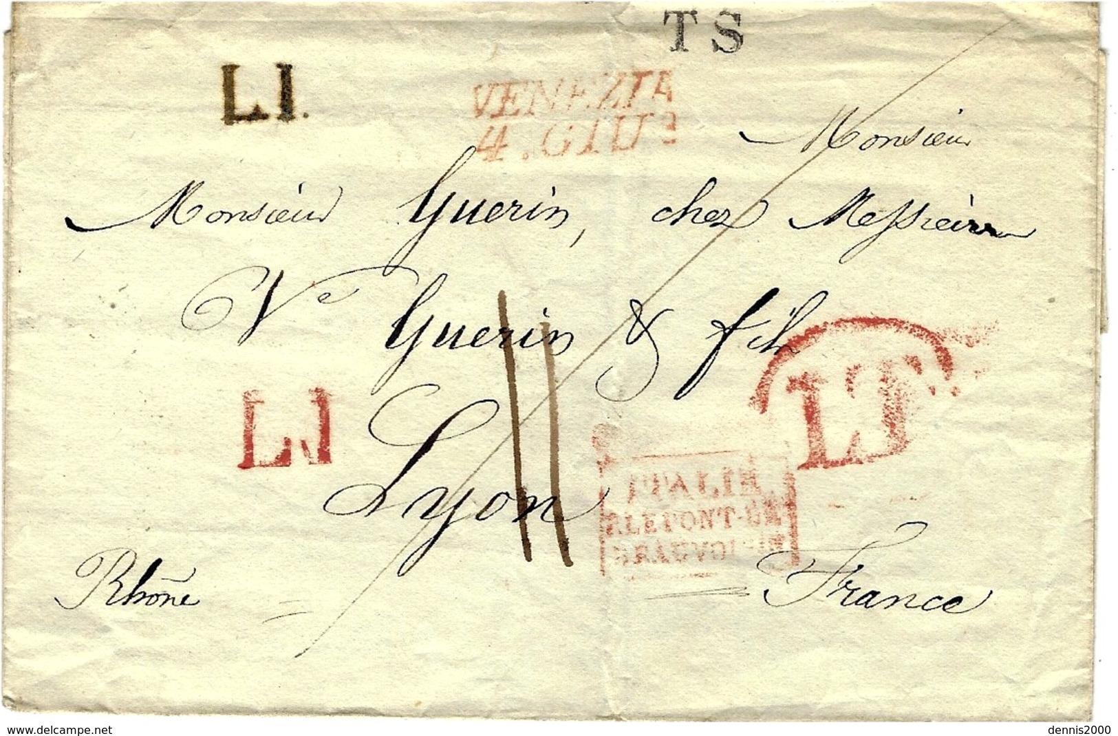 1836 - Enveloppe De VENEZIA / 4. GIU + LI Noir Et Rouge +T S  + LT  Rouge Entrée P.LEPONT /DE BEAUVOISIN - ...-1850 Préphilatélie