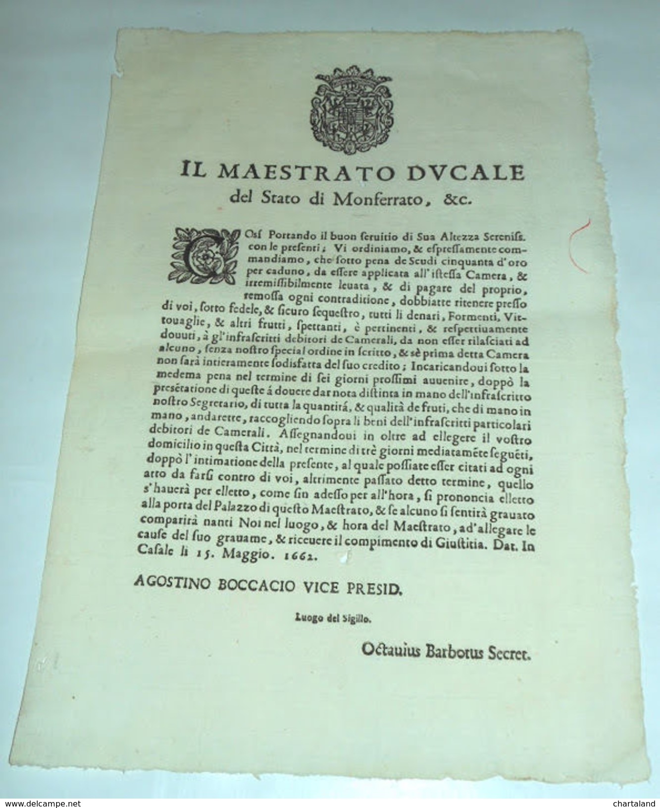 Manifesto Casale Monf. Censimento Denaro Vettovaglie Frutta 1662 - Unclassified