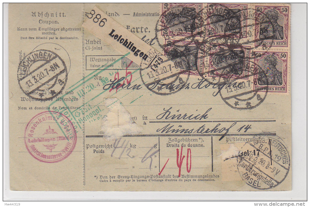 Paketkarte Mit 91 II (16) Aus Leichlingen 13.3.20 Nach Zürich/Schweiz - Lettres & Documents