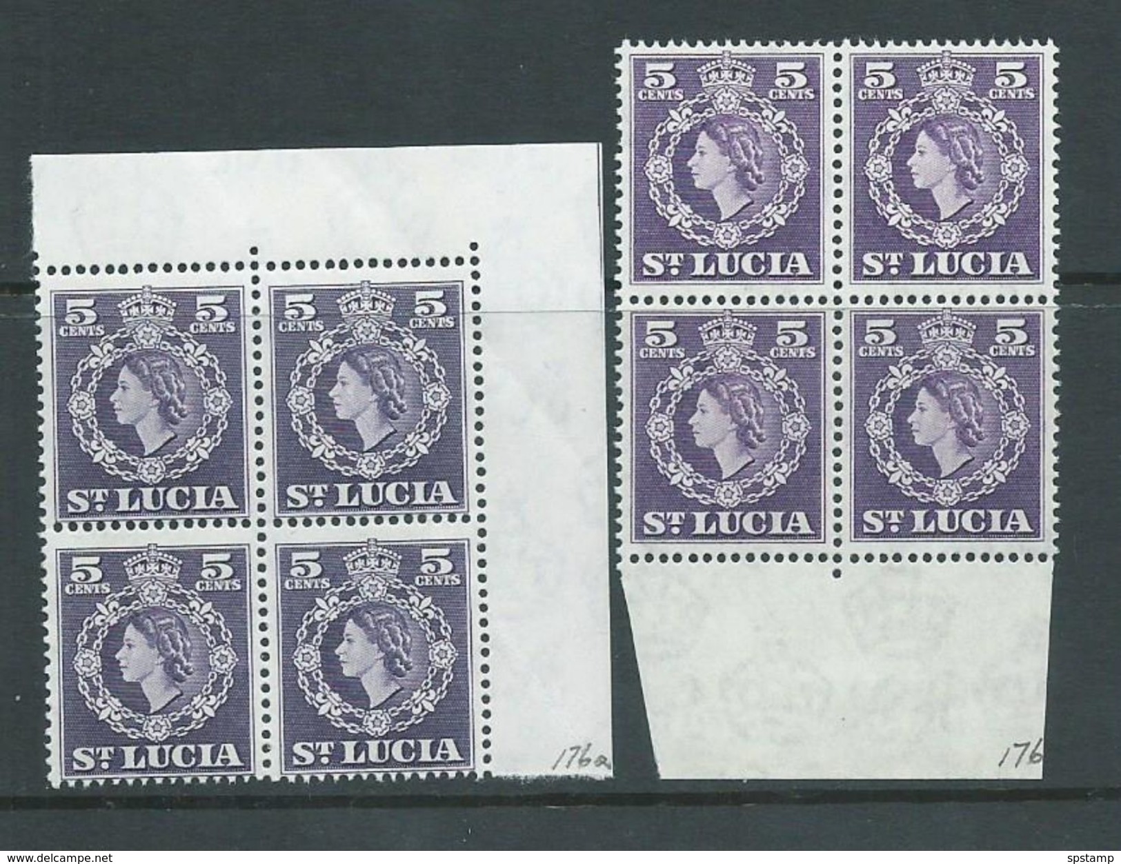 St Lucia 1953 QEII Definitives 5c Both Shades MNH Marginal Blocks Of 4 , Some Creasing - Ste Lucie (...-1978)