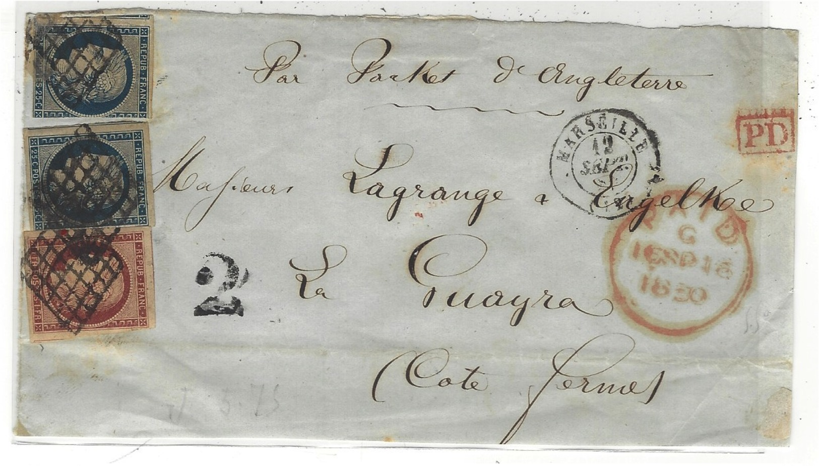 1850- DEVANT De Lettre De Marseille Pour La Guayra  -affr. 1,80 F. N°6 ( 4 Grandes Marges )  + N°4 X2   Oblit. Grille - 1849-1876: Classic Period