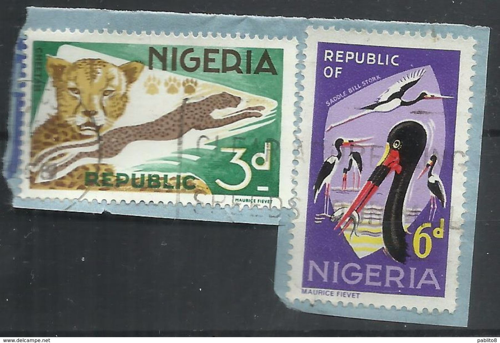 NIGERIA 1965 STORK BIRD CICOGNA UCCELLO OISEAUX CIGOGNES 6p + AURICE FIEVET LEOPARDS LEOPARD LEOPARDO LEOPARDI 3p USED - Nigeria (1961-...)