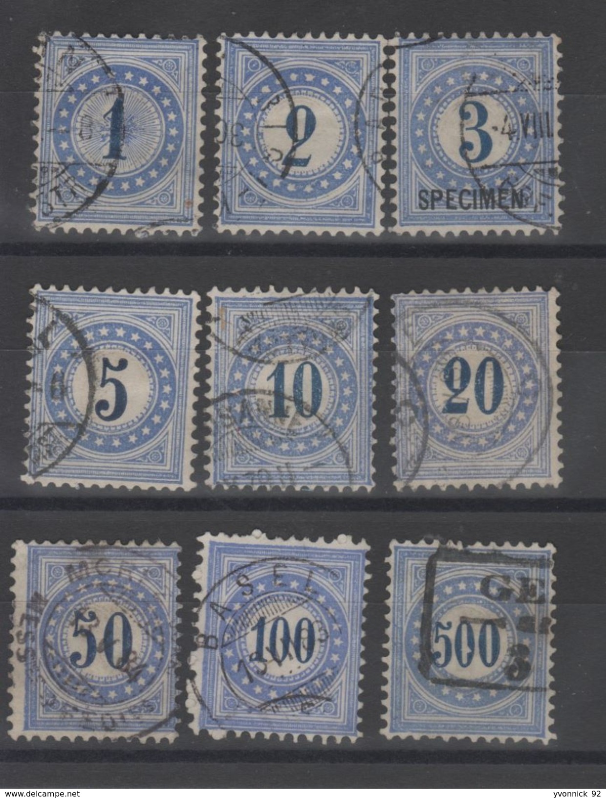 Suisse _ Timbres Taxe Chiffre Bleu _ 1878 Série N°1/ 9 - Oblitérés