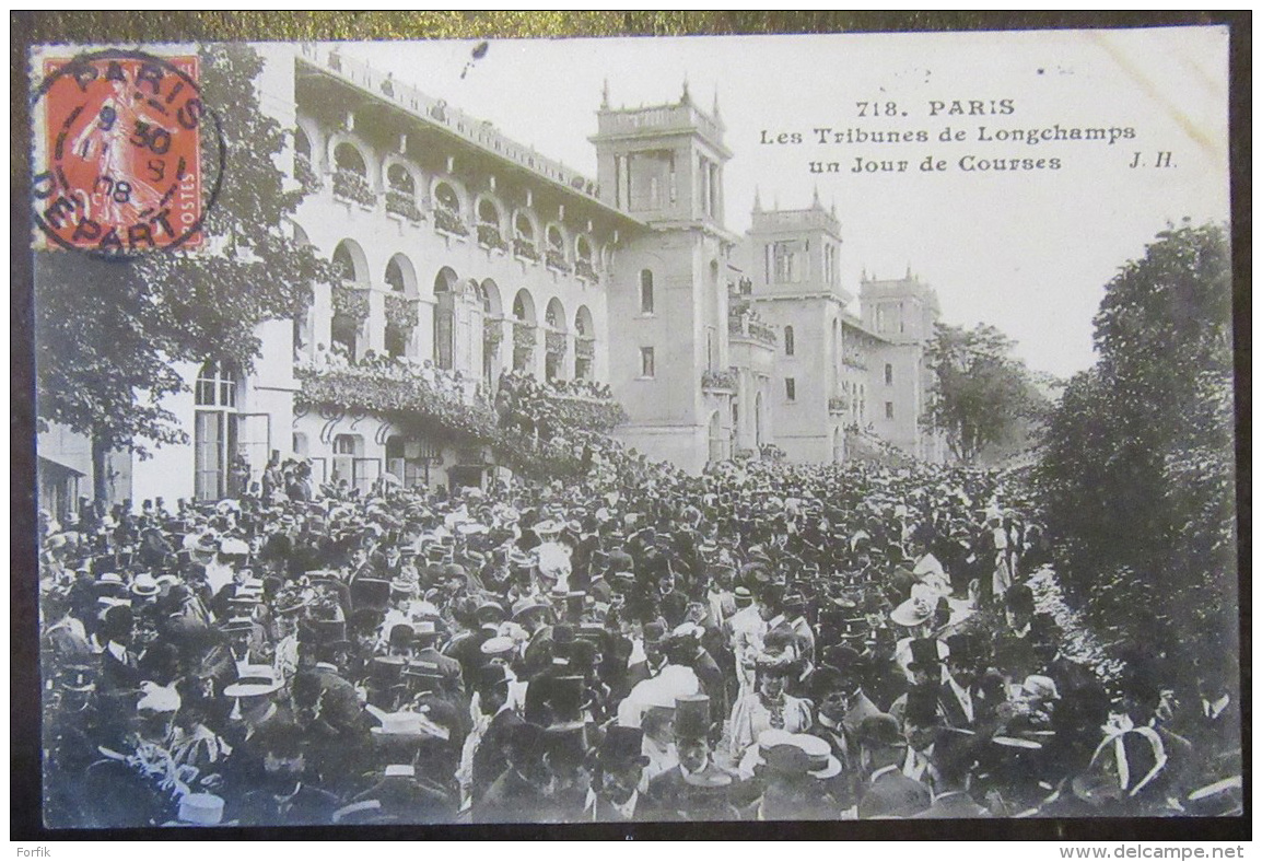 Paris N°718 - Tribunes Longchamps Un Jour De Courses - Très Animée - Timbre YT N°135 - Cachet 1908 - Autres & Non Classés