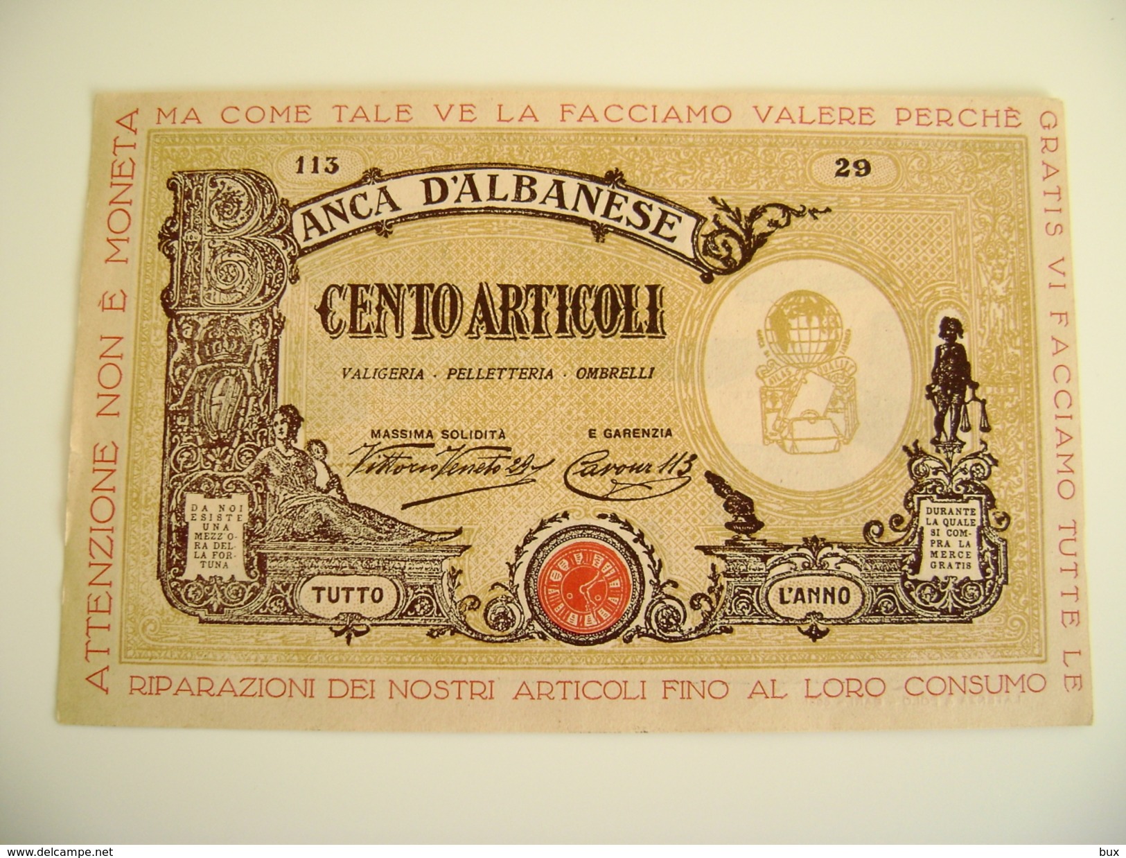 19 X 12   BARI G. ALBANESE PELLI OMBRELLI  VALIGERIA  Banconota L.100 Fac-Simile  VOLANTINO  Pubblicitario - Publicidad