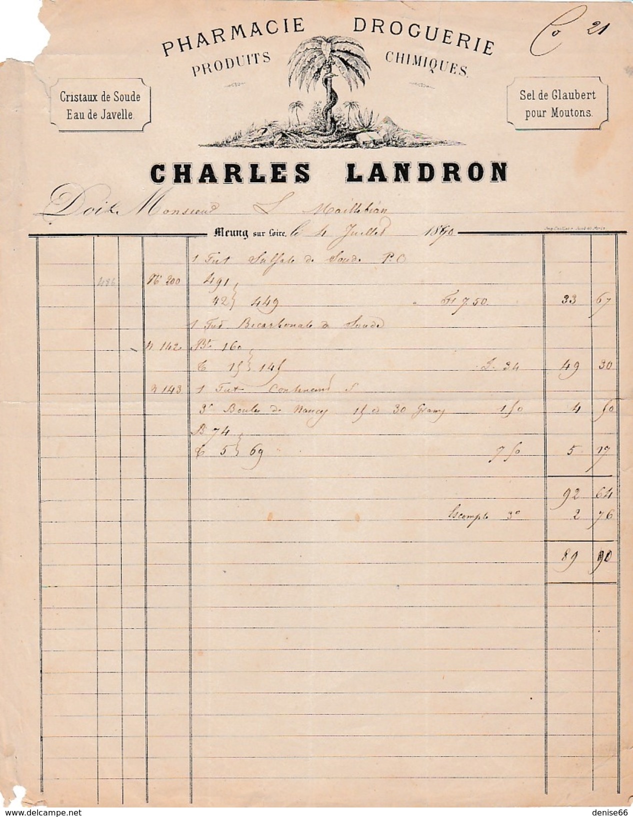 1870 - MEUNG-sur-LOIRE (45) - PHARMACIE-DROGUERIE, Produits Chimiques - Charles LANDRON - Historical Documents