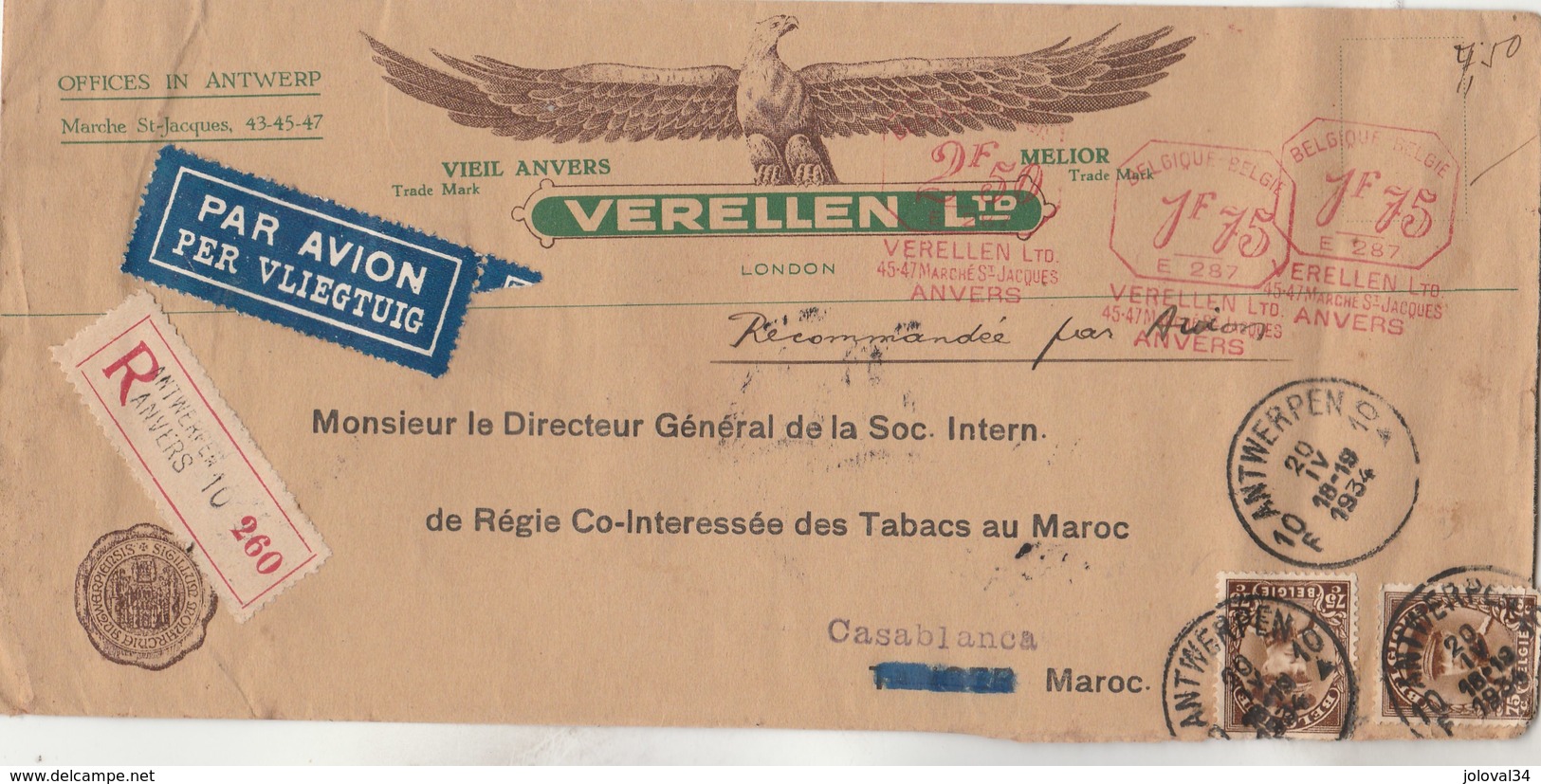 Belgique Lettre Recommandée EMA + Timbres Entête Verellen ANVERS 20/4/1934 Régie Tabacs Maroc Casablanca - Covers & Documents