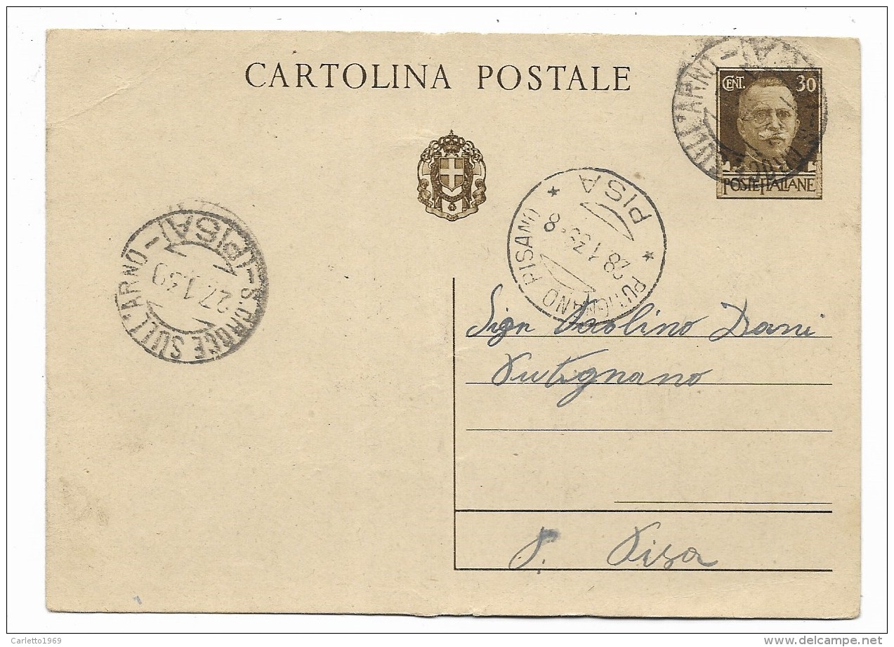 CARTOLINA POSTALE TIMBRO PISA S.CROCE SULL'ARNO  1939  VIAGGIATA FG  ( LIEVE PIEGA AL CENTRO ) - History