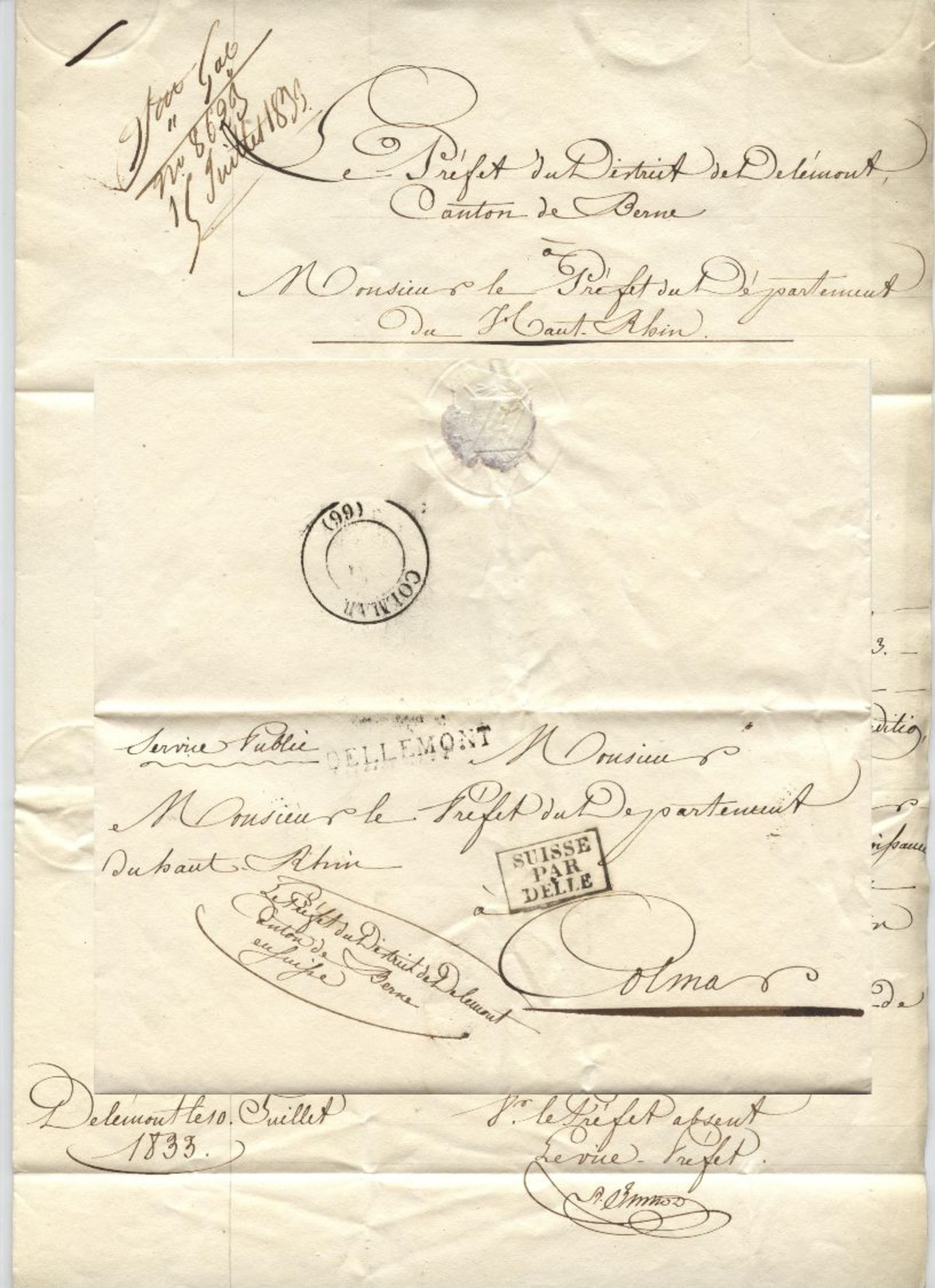 DELÉMONT Lettre De 1835 Cachet Entrée Suisse Par Delle - 1801-1848: Precursors XIX