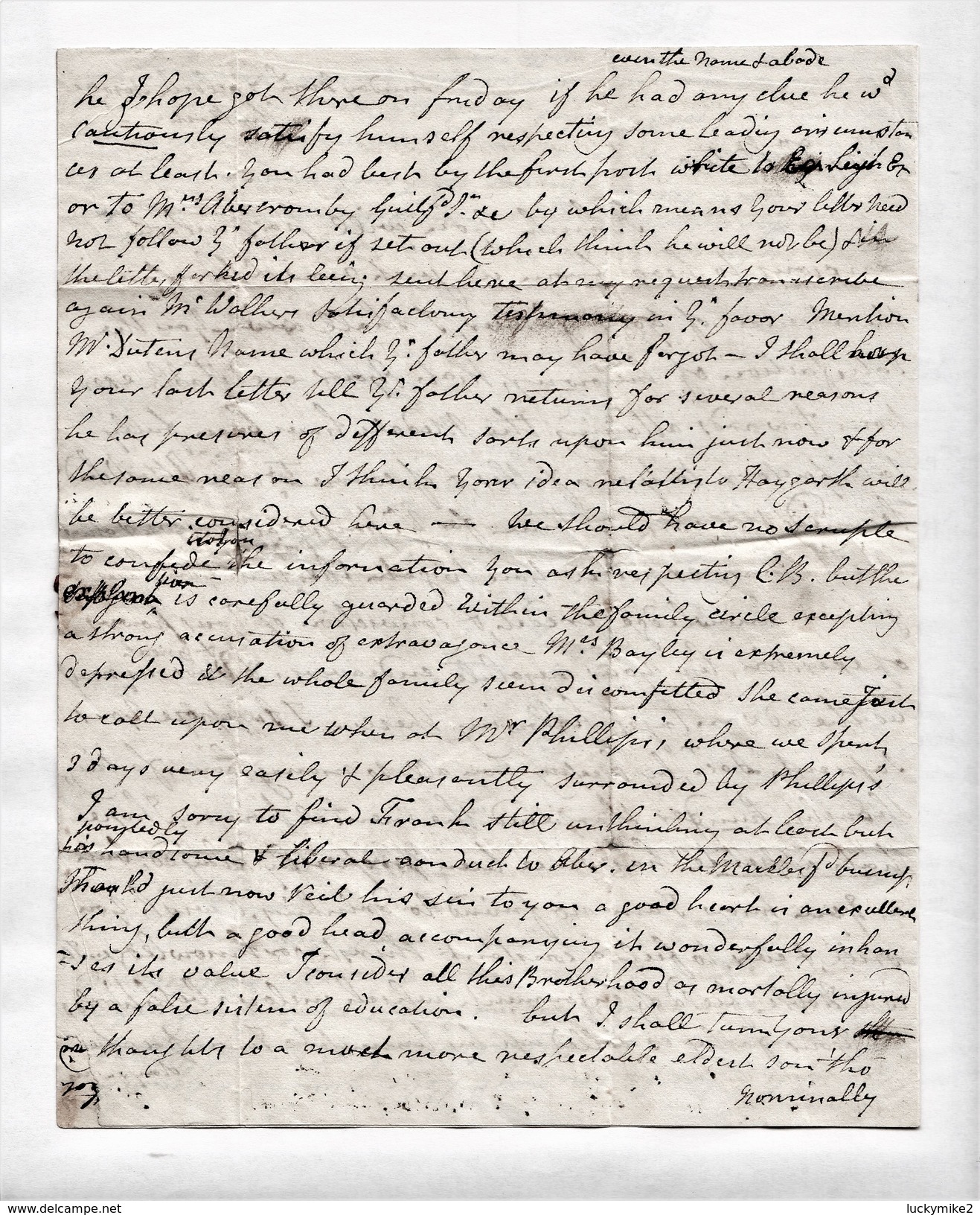 c1818 letter to "Peter Leigh, Cambridge" from his mother at "The Park" (Lyme Park?). Fair 'HOLMES CHAPEL/194' pmk.  0492