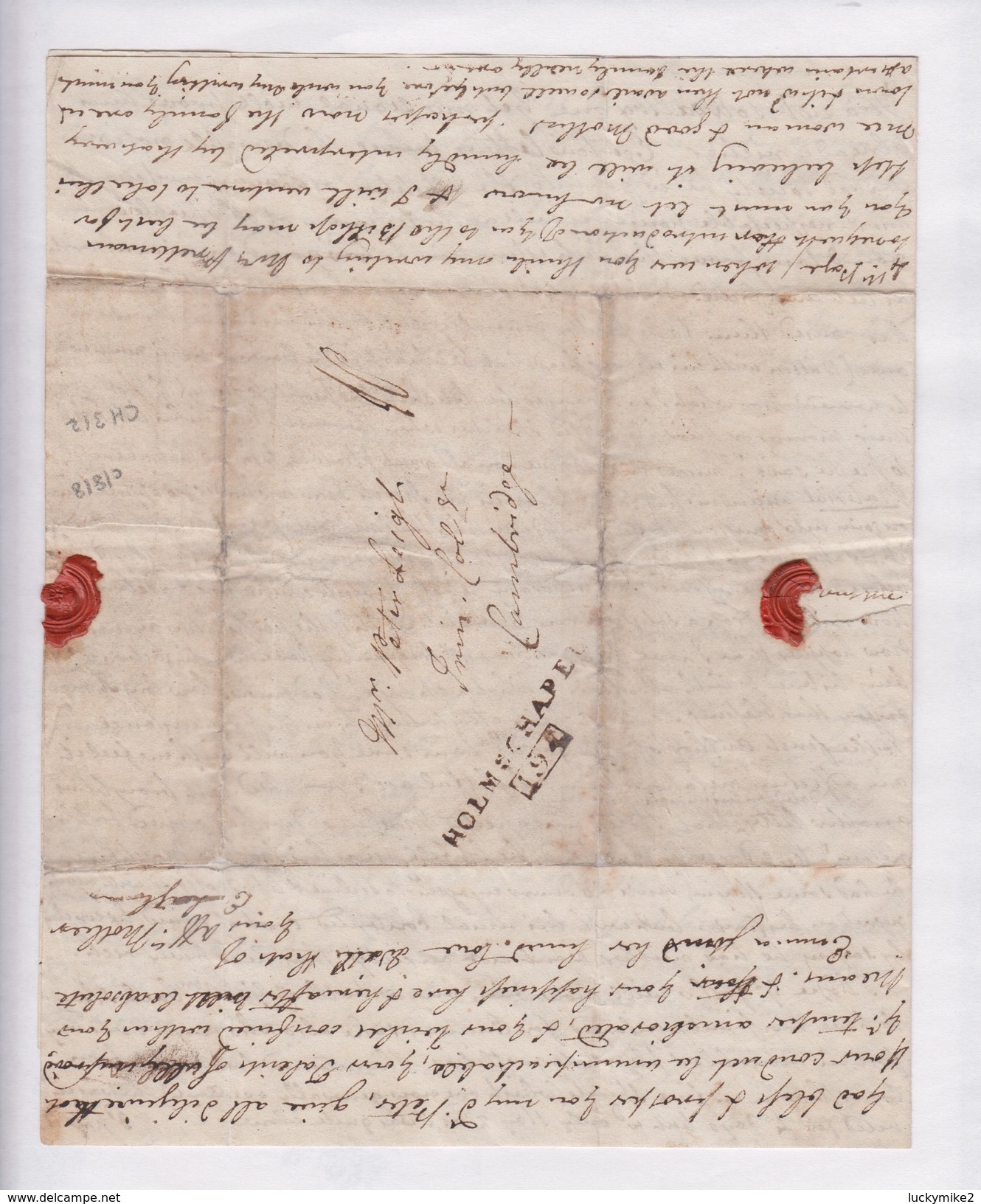 c1818 letter to "Peter Leigh, Cambridge" from his mother at "The Park" (Lyme Park?). Fair 'HOLMES CHAPEL/194' pmk.  0492