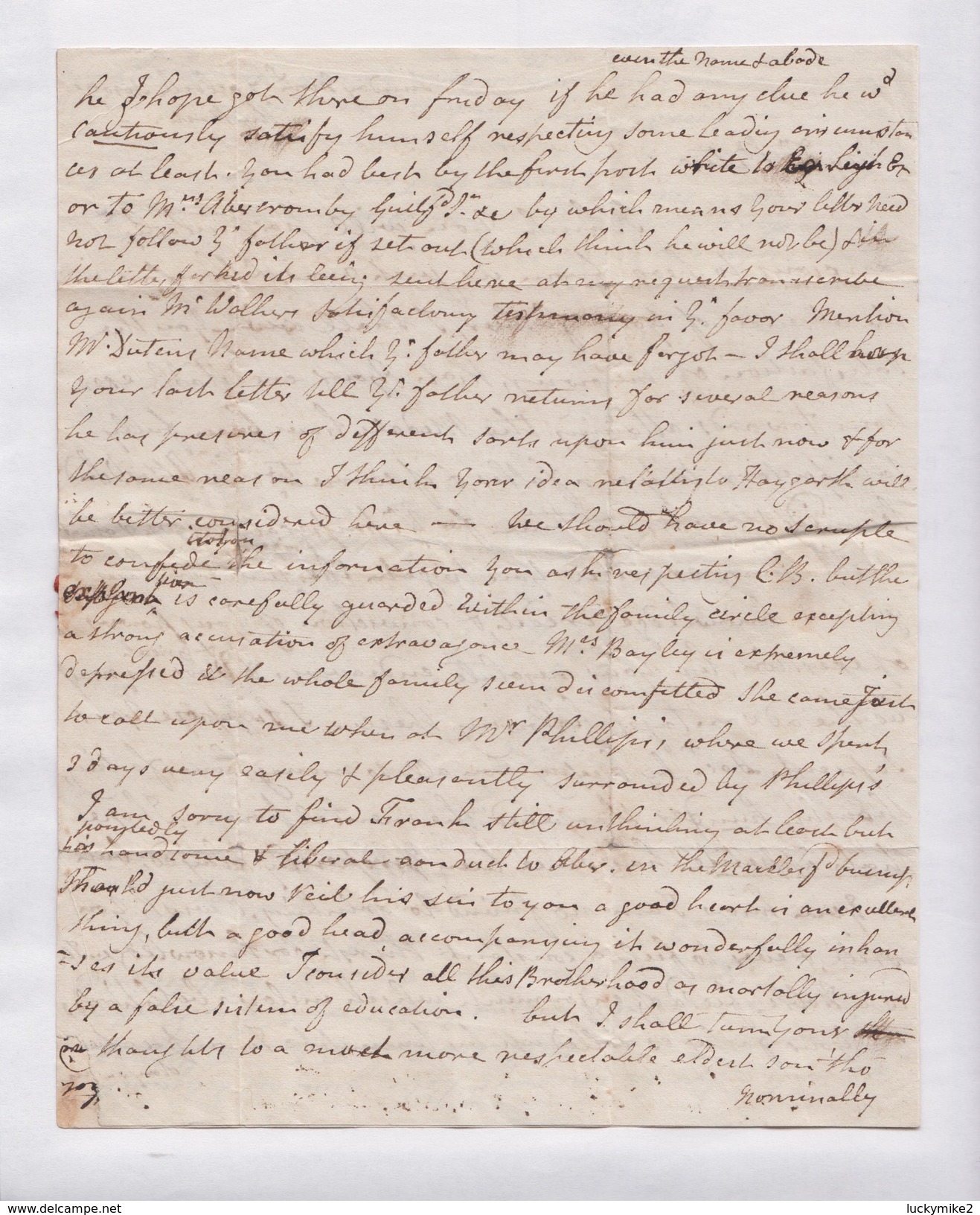 c1818 letter to "Peter Leigh, Cambridge" from his mother at "The Park" (Lyme Park?). Fair 'HOLMES CHAPEL/194' pmk.  0492