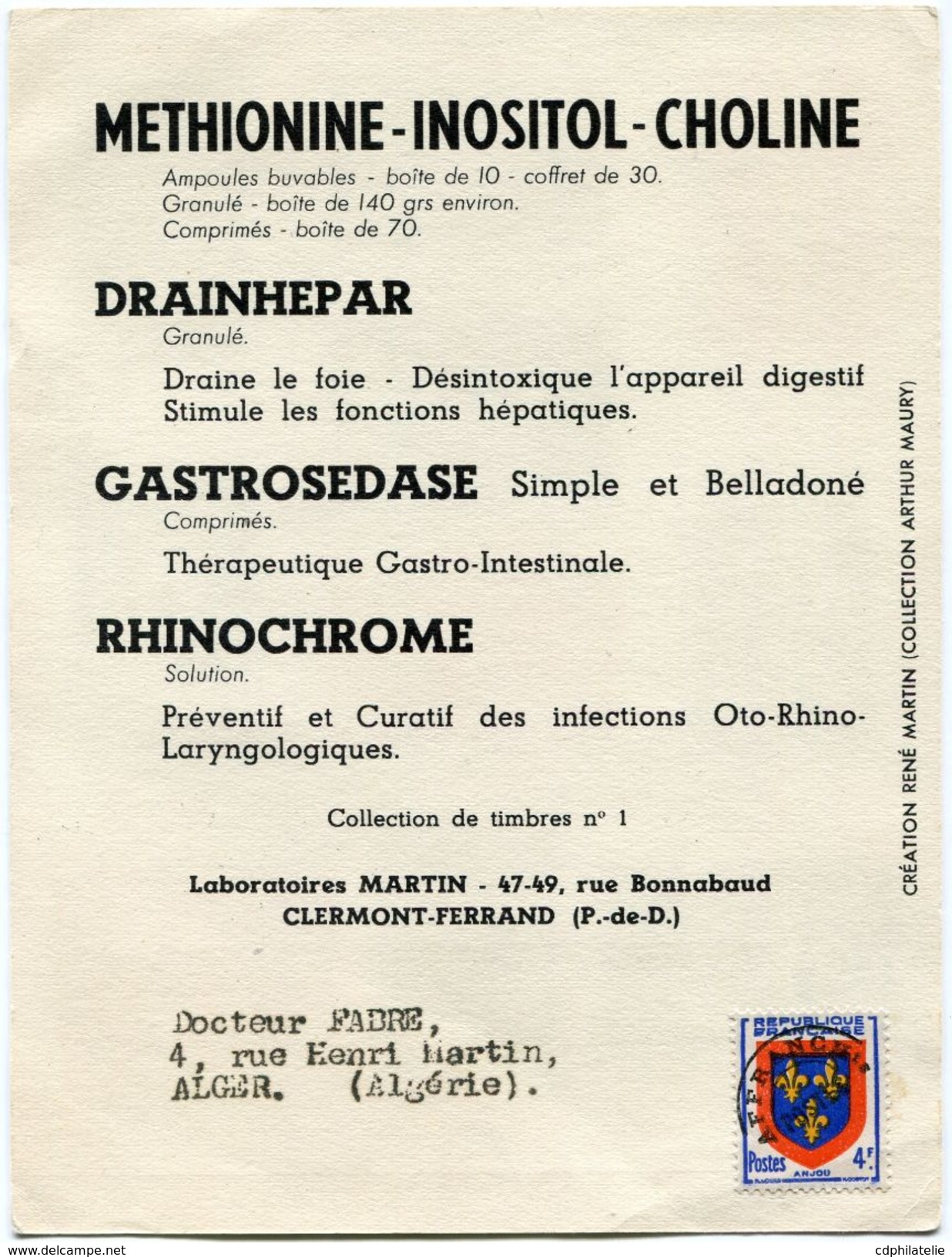 FRANCE IMPRIME PHARMACEUTIQUE DES LABORATOIRES MARTIN A CLERMONT-FERRAND POUR UN MEDECIN EN ALGERIE - 1953-1960