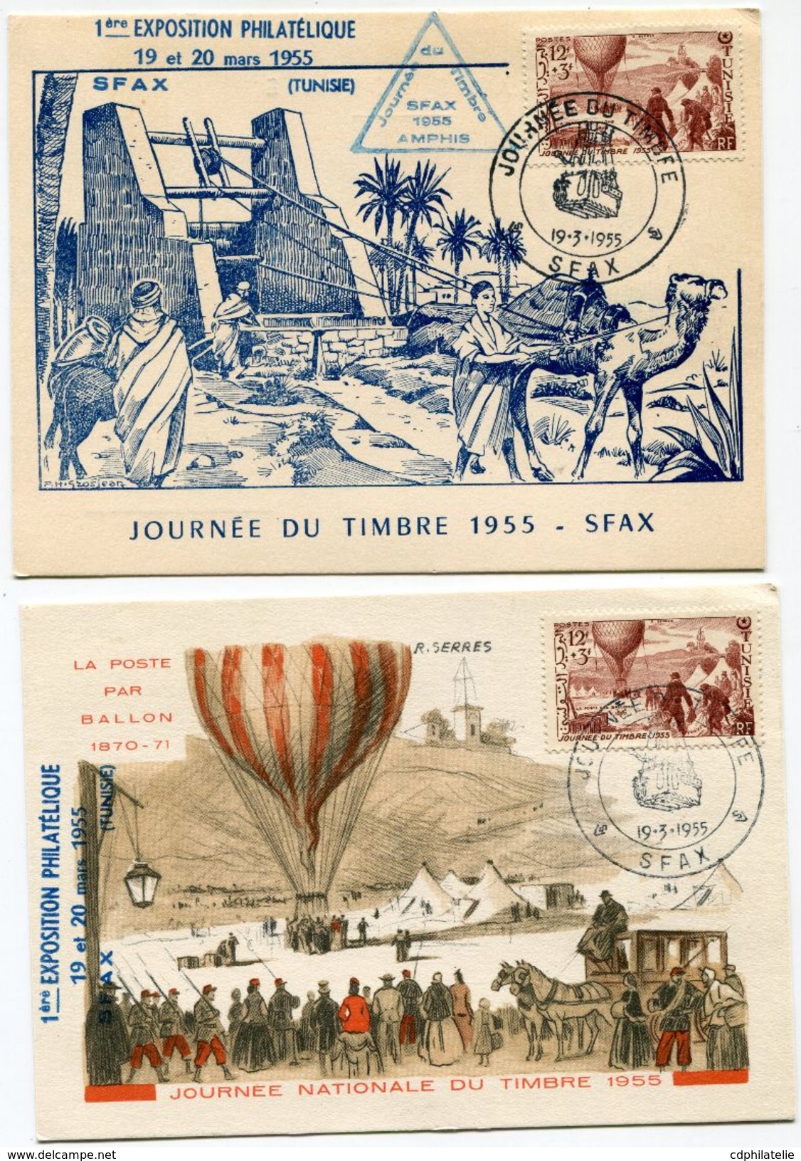 TUNISIE 2 CARTES MAXIMUM DE LA JOURNEE DU TIMBRE 1955 AVEC VIGNETTE SFAX - Covers & Documents