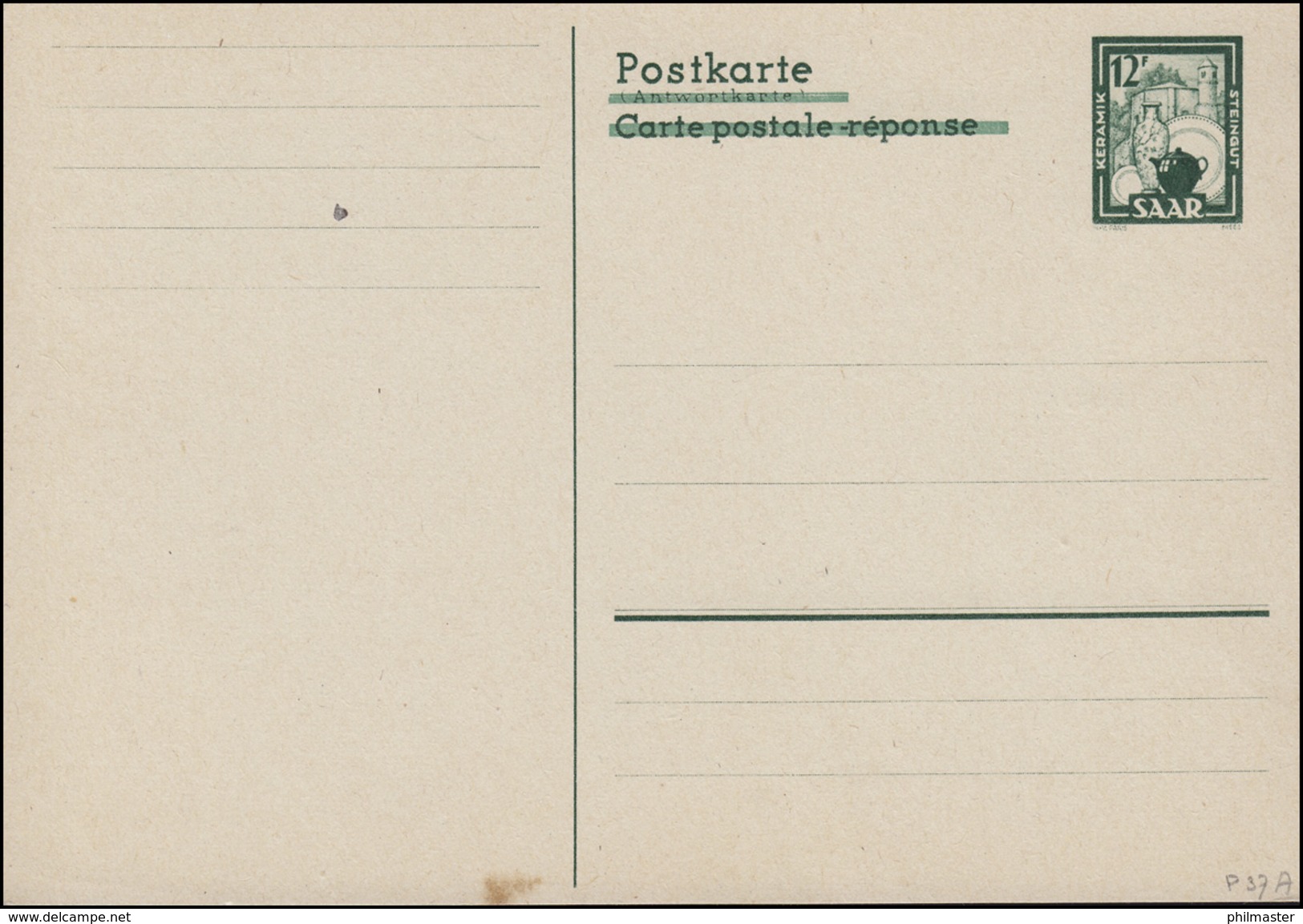 Saarland Postkarte P 37A Karamikerzeugnisse 12 F Mit Aufdruck, Ungebraucht - Andere & Zonder Classificatie