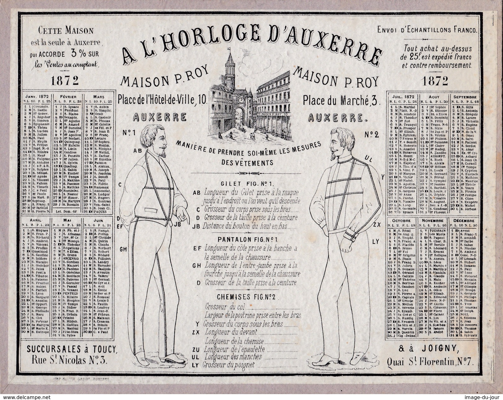 Calendrier  1872  A L Horloge D'auxerre Maison P. Roy  Plan De L' Yonne Au Verso - Petit Format : ...-1900