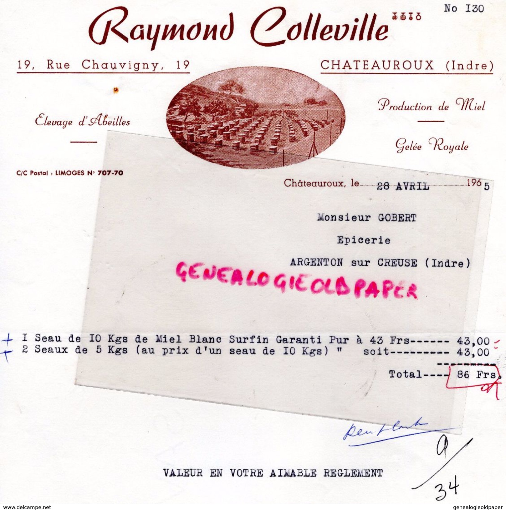 36- CHATEAUROUX- RARE FACTURE RAYMOND COLLEVILLE- ELEVAGE ABEILLES-APICULTURE-MIEL-GELEE ROYALE-1965 APICULTEUR - Old Professions