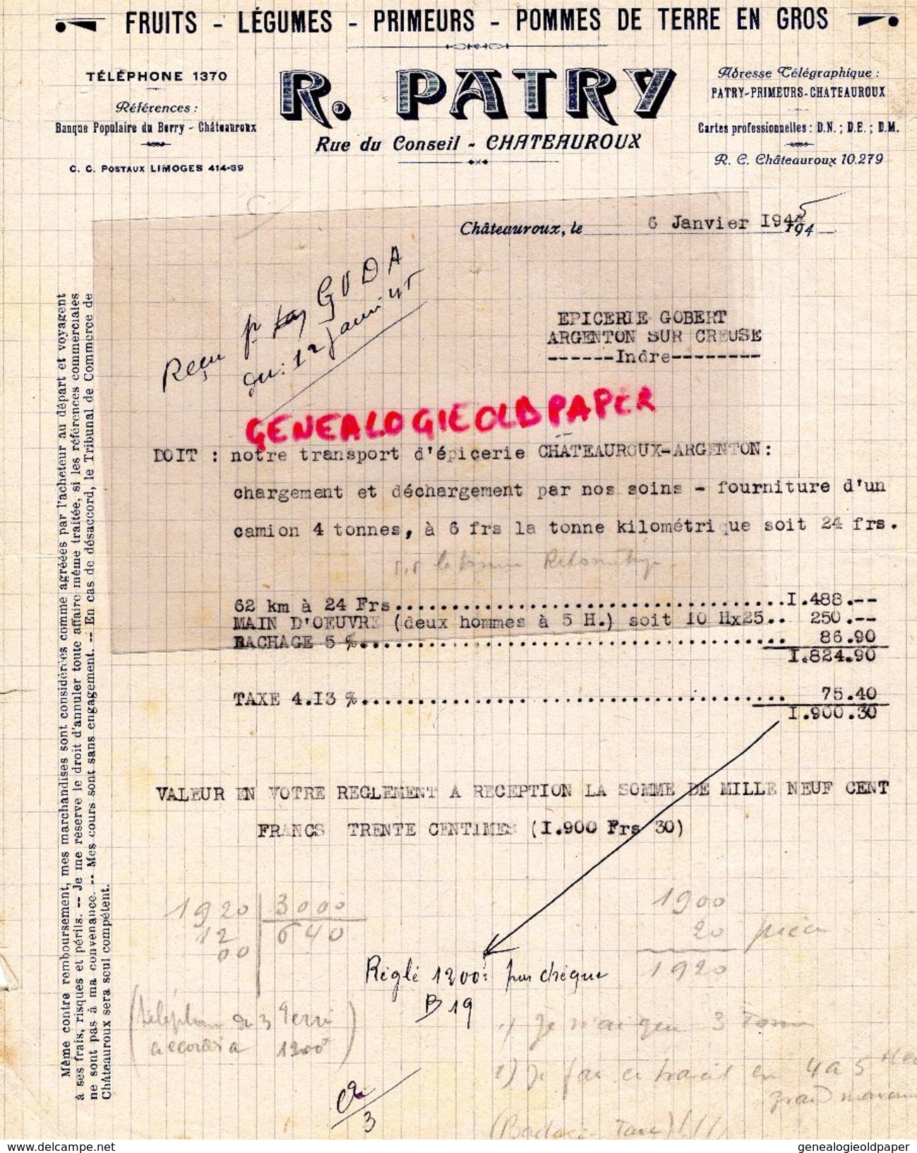36- CHATEAUROUX- RARE FACTURE R. PATRY- FRUITS LEGUMES -POMMES DE TERRE- RUE DU CONSEIL- 1945 - Straßenhandel Und Kleingewerbe