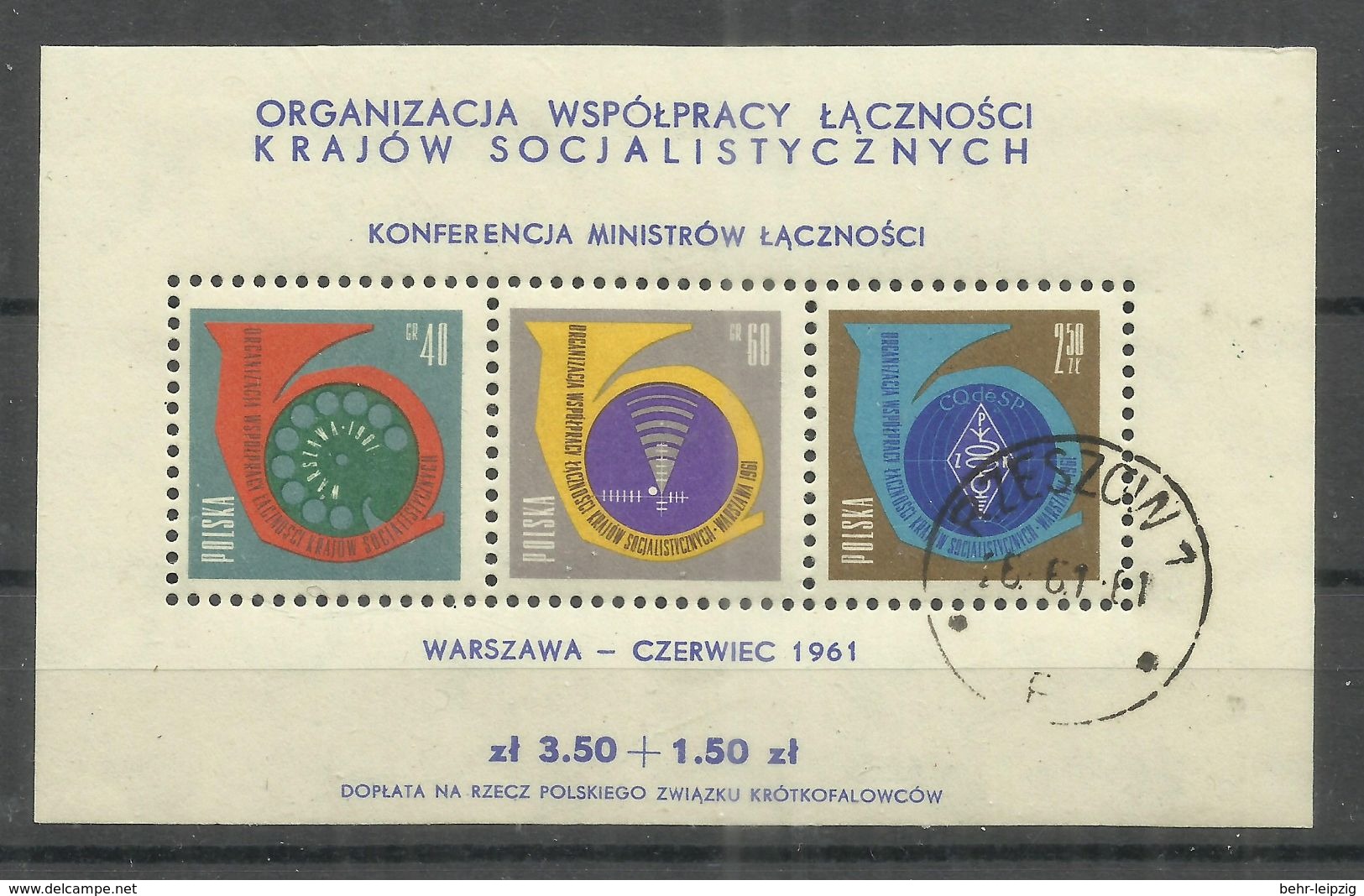 Polen Bl.24 " Block Mit Abbildung Der Postministerkonferenz Des Ostblocks Jg. 1961".,gestempelt Mi. 5,00 € - Blocs & Feuillets