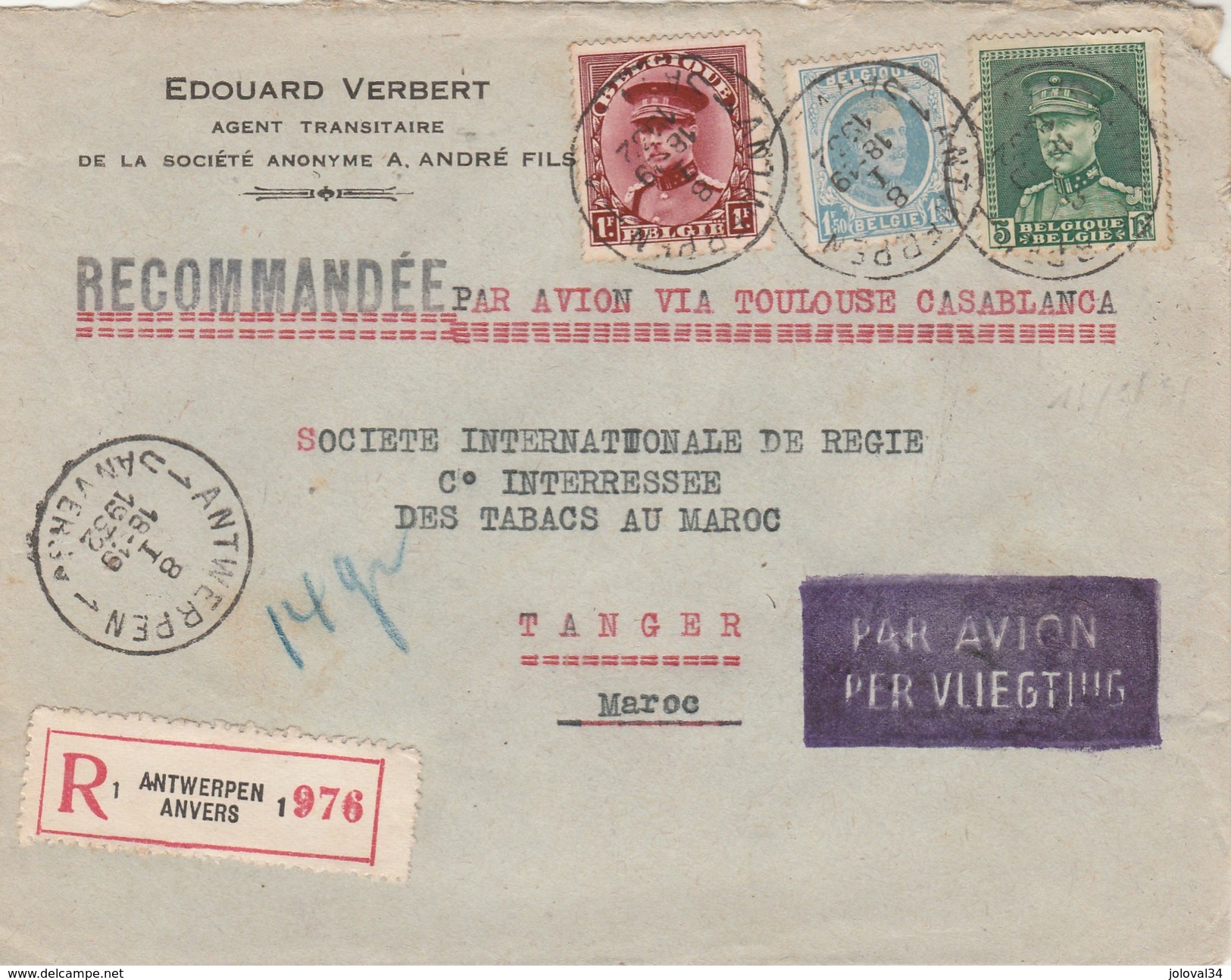 Belgique Lettre Recommandée Entête Edouard Verbert ANVERS 8/1/1932  Pour Régie Tabacs Tanger Maroc - Covers & Documents