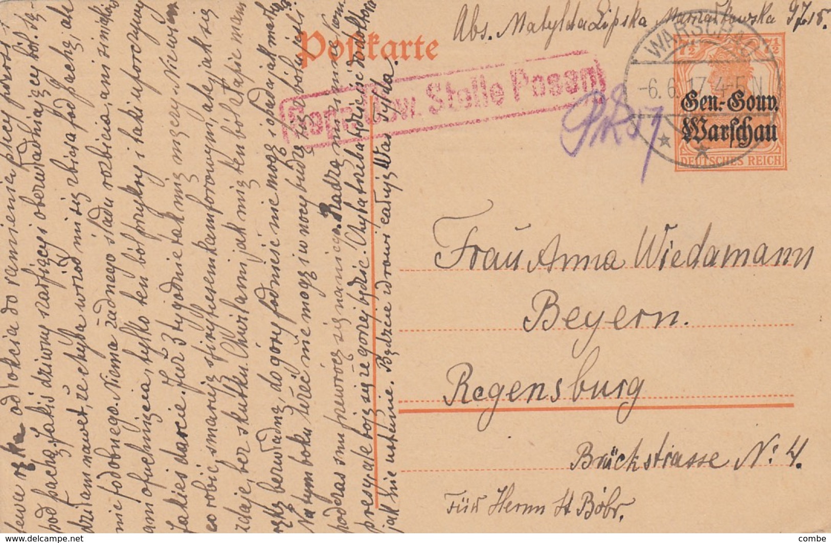 REICH POST-KARTE. 6.7.17. BARSCHAU. WARSCHAU POLEN-REGENSBURG. - Lettres & Documents