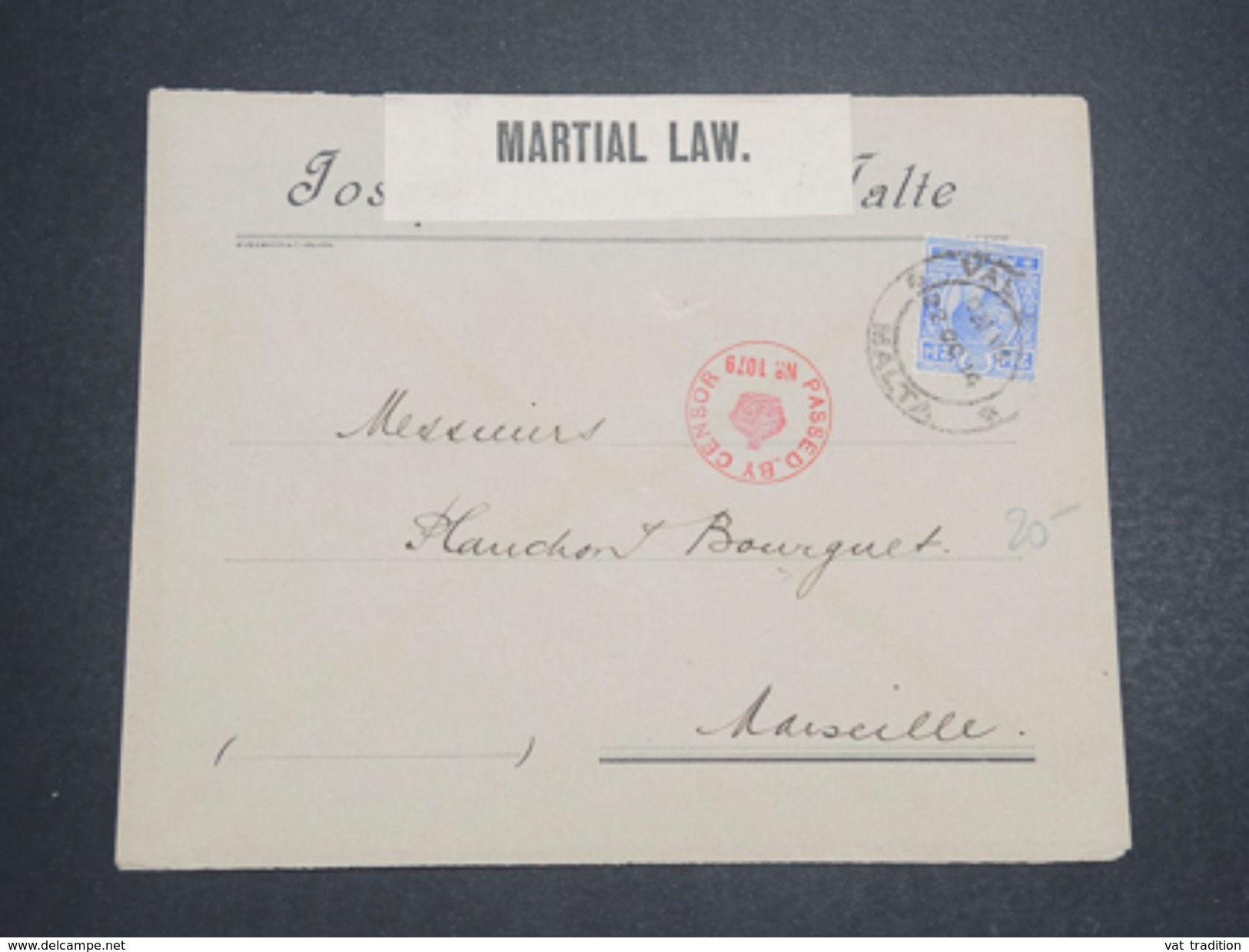 MALTE  - Enveloppe Pour Marseille En 1914 Avec Contrôle Postal - L 10180 - Malte