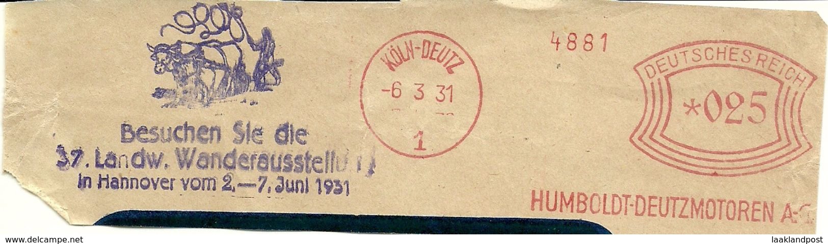 Germany Nice Cut Meter Humbold Deutzmotoren Koln 6/3/1931; Cancel Horses Besuchen Sie Die Landw. Wanderausstelling - Andere (Aarde)