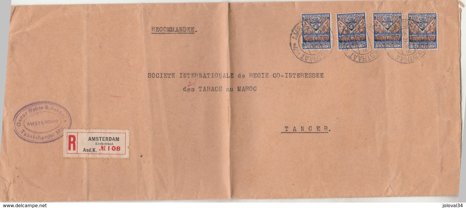 Pays Bas Lettre Recommandée Entête Rohte & Jiskoott's Tabakshandel AMSTERDAM 1928 Pour Régie Tabacs Tanger Maroc - Covers & Documents