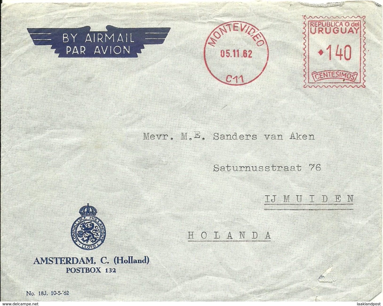 Urugua Firm Cover Dutch Lloyd Airmail To Holland. Montevideo 5/11/1962 - Boten