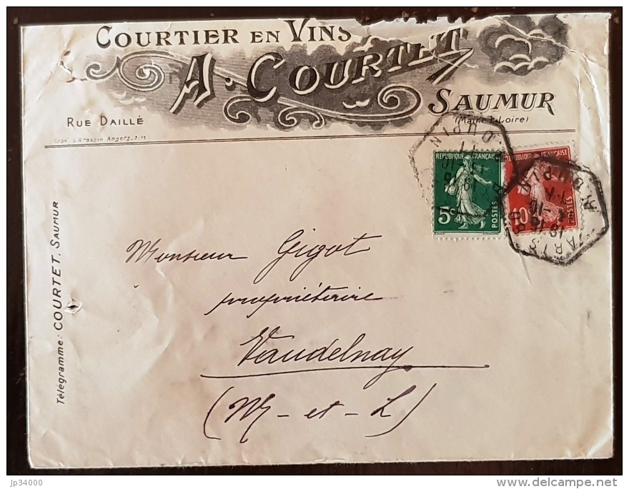 FRANCE, Vigne Et Vin, Enveloppe Publicitaire COURTET Courtier En Vins à SAUMUR 1911 (c) - Wines & Alcohols