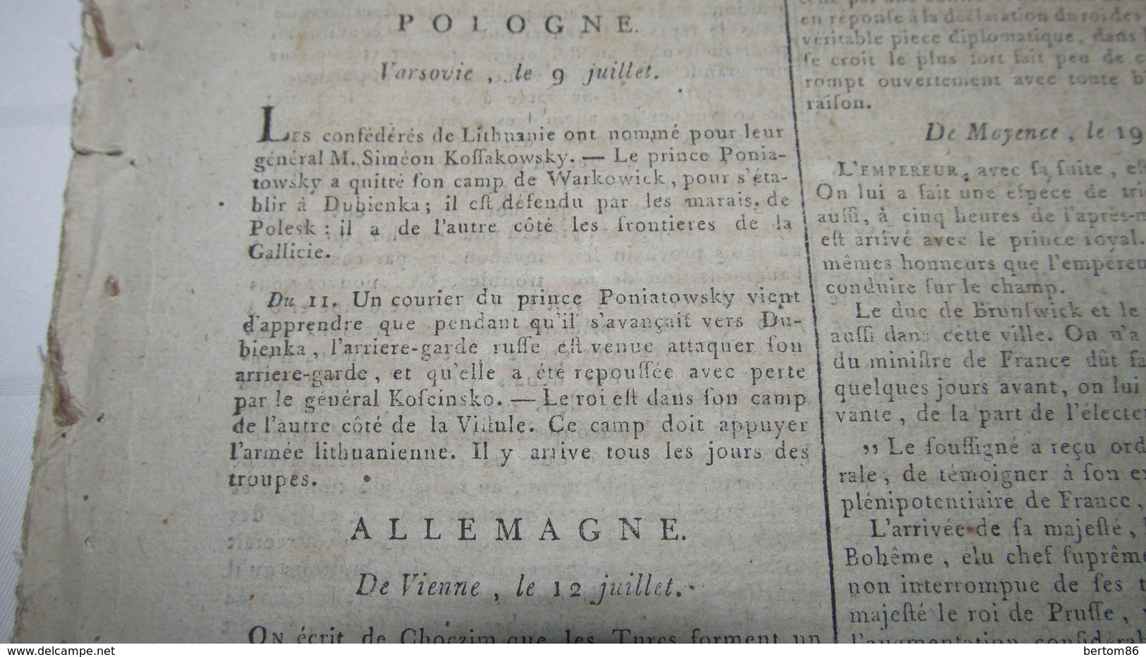 POLOGNE - PETITES NOUVELLES DE LA POLOGNE ET DU PRINCE PONATOWSKI - JUILLET 1792. - Journaux Anciens - Avant 1800