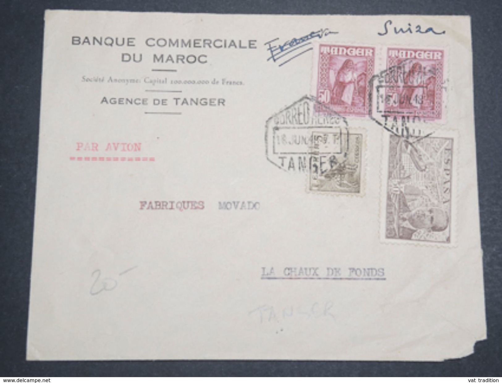 MAROC ESPAGNOL - Enveloppe Commerciale De Tanger Pour La Suisse En 1948 Par Avion - L 10197 - Maroc Espagnol