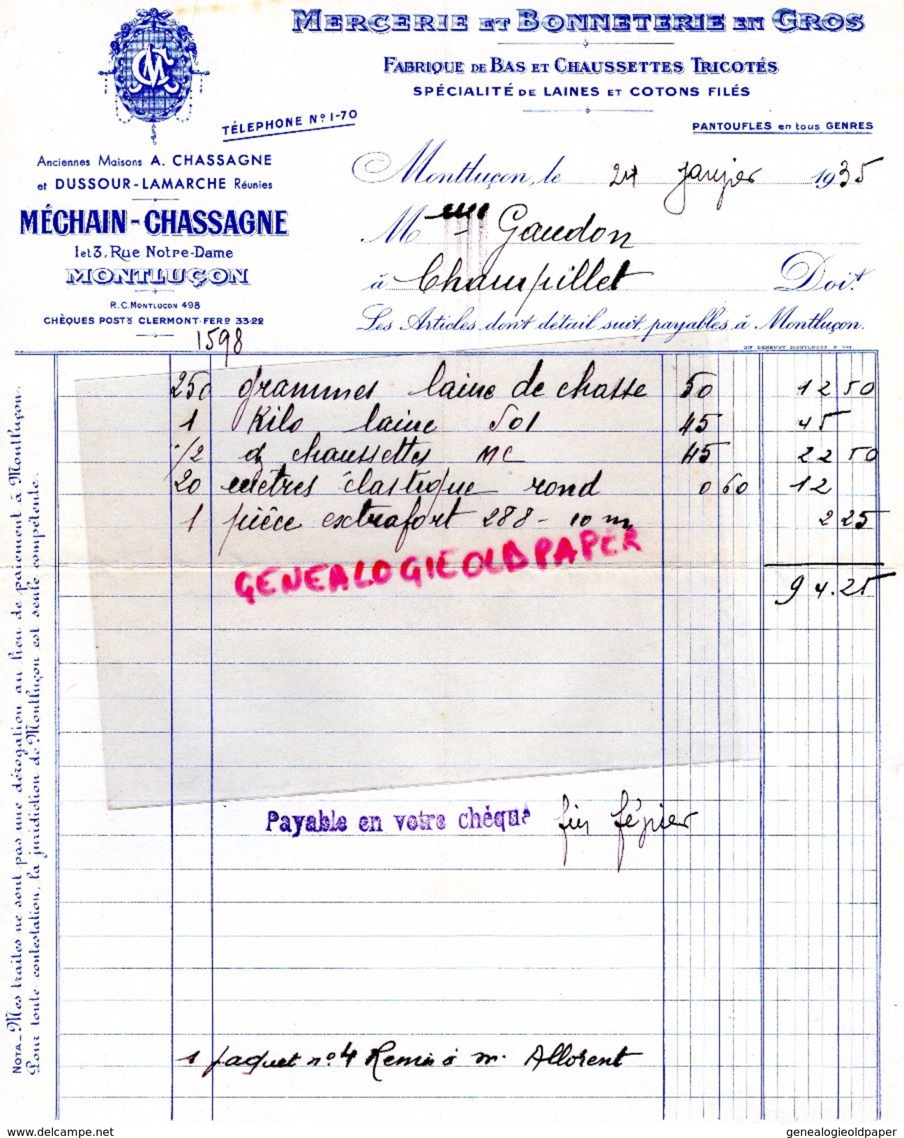 03- MONTLUCON- FACTURE MECHAIN CHASSAGNE-DUSSOUR LAMARCHE- 1 RUE NOTRE DAME- MERCERIE BONNETERIE-FABRIQUE DE BAS- - Straßenhandel Und Kleingewerbe