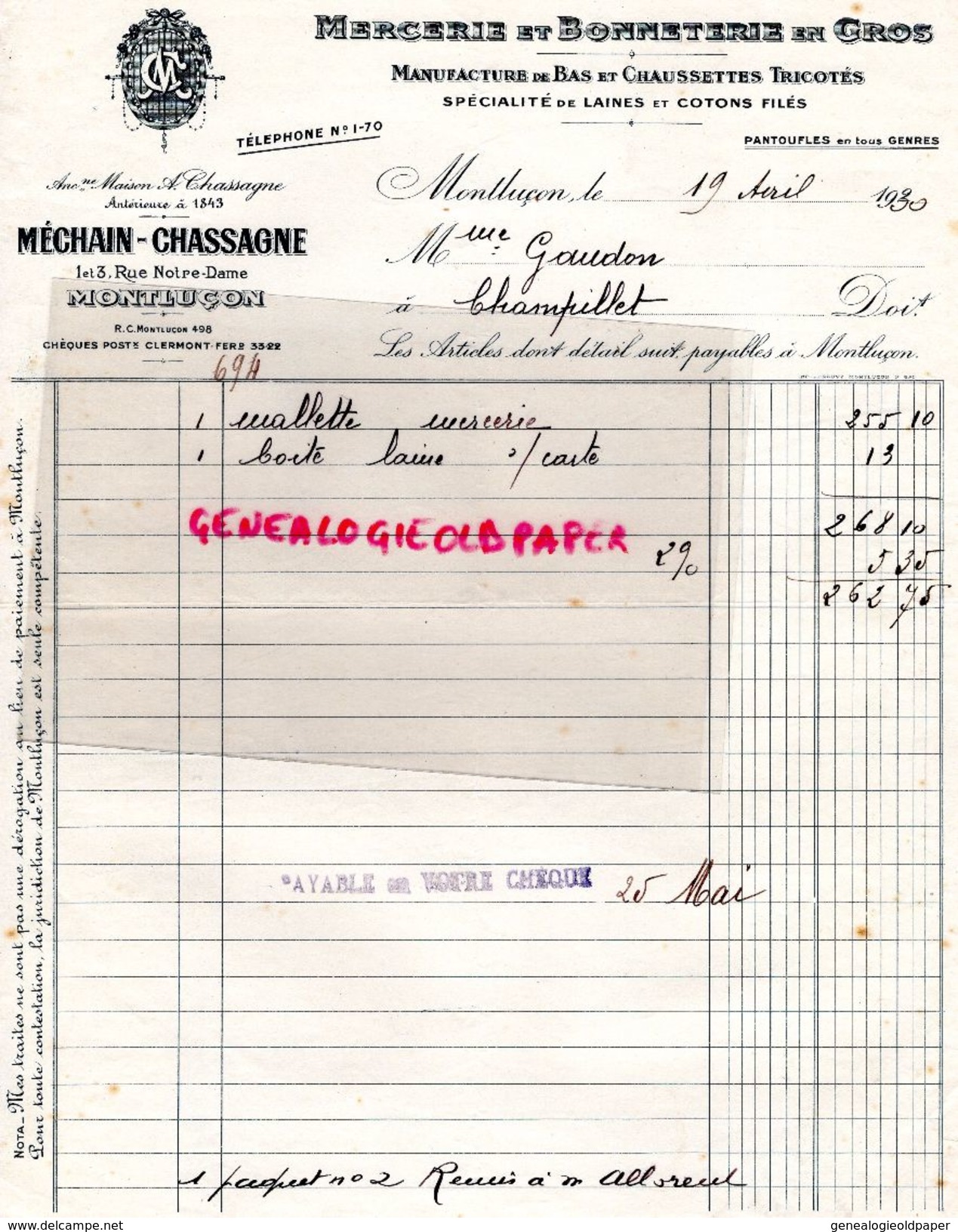 03- MONTLUCON- FACTURE MECHAIN CHASSAGNE-1 RUE NOTRE DAME- MERCERIE BONNETERIE-FABRIQUE DE BAS-1930 - Old Professions
