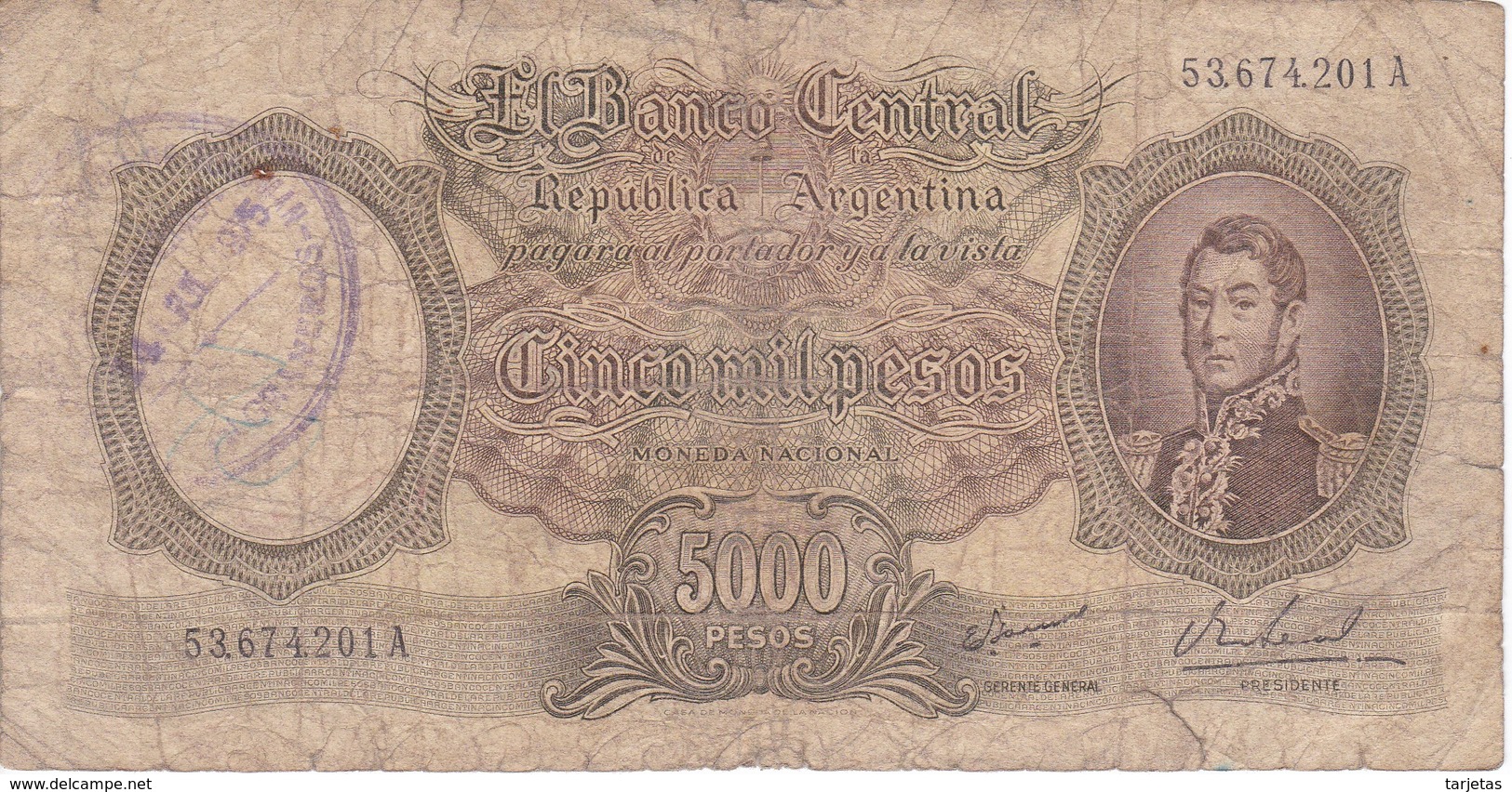 BILLETE DE ARGENTINA DE 5000 PESOS AÑOS 1962 A 1969 EN CALIDAD RC  (BANKNOTE) - Argentina