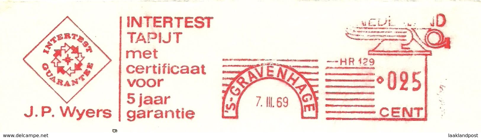 NL Front Firmcover Meter Intertest Tapijt Met Certificaat J.P. Wijers, Den Haag 7/3/1969  Textile - Textiel