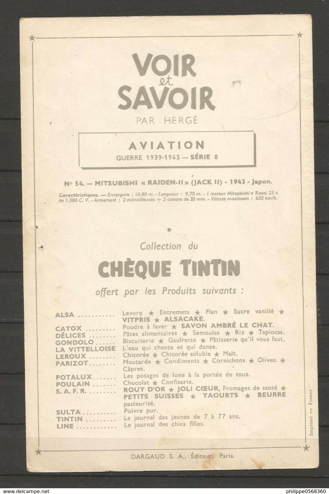 Chromo Tintin Collection "Voir Et Savoir" L'aviation De La Guerre 1939-1945 - Autres & Non Classés