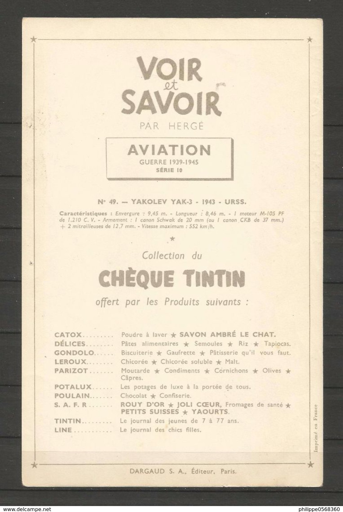 Chromo Tintin Collection "Voir Et Savoir" L'aviation De La Guerre 1939-1945 - Autres & Non Classés