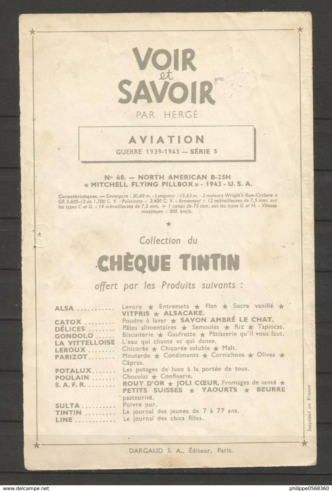 Chromo Tintin Collection "Voir Et Savoir" L'aviation De La Guerre 1939-1945 - Autres & Non Classés