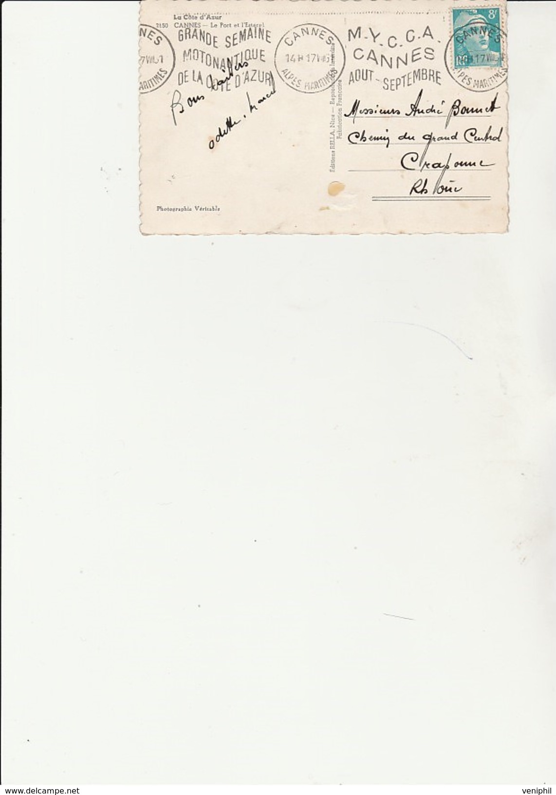 CARTE OBLITERATION FLAMME "GRANDE SEMAINE MOTONAUTIQUE -M.Y.C.C.A CANNES AOUT -SEPT 1951 - Mechanical Postmarks (Advertisement)