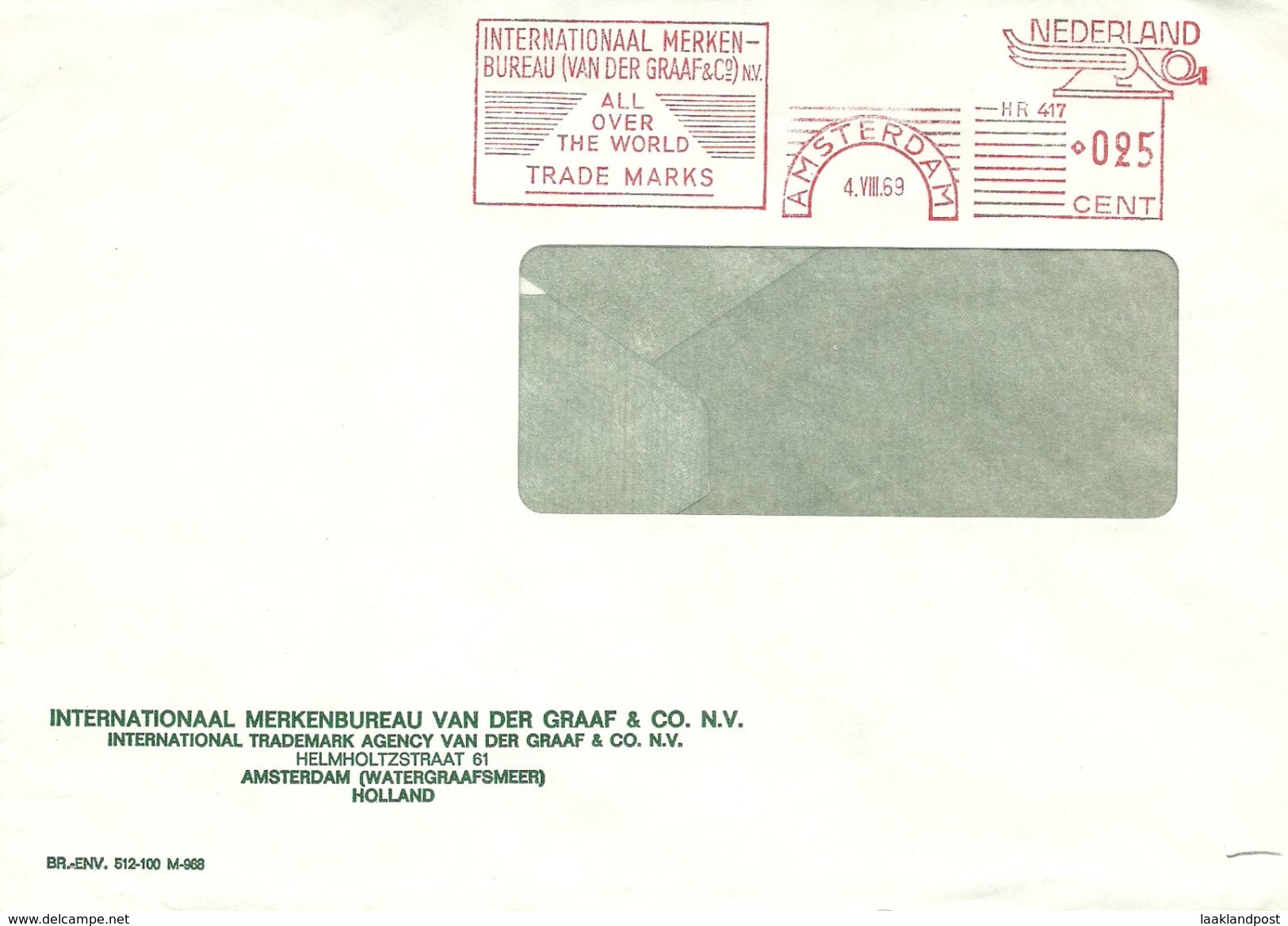 NL Firmcover Meter Internationaal Merkenbureau; All Over The World Trade Marks, Amsterdam 4/8/1969 - Usines & Industries