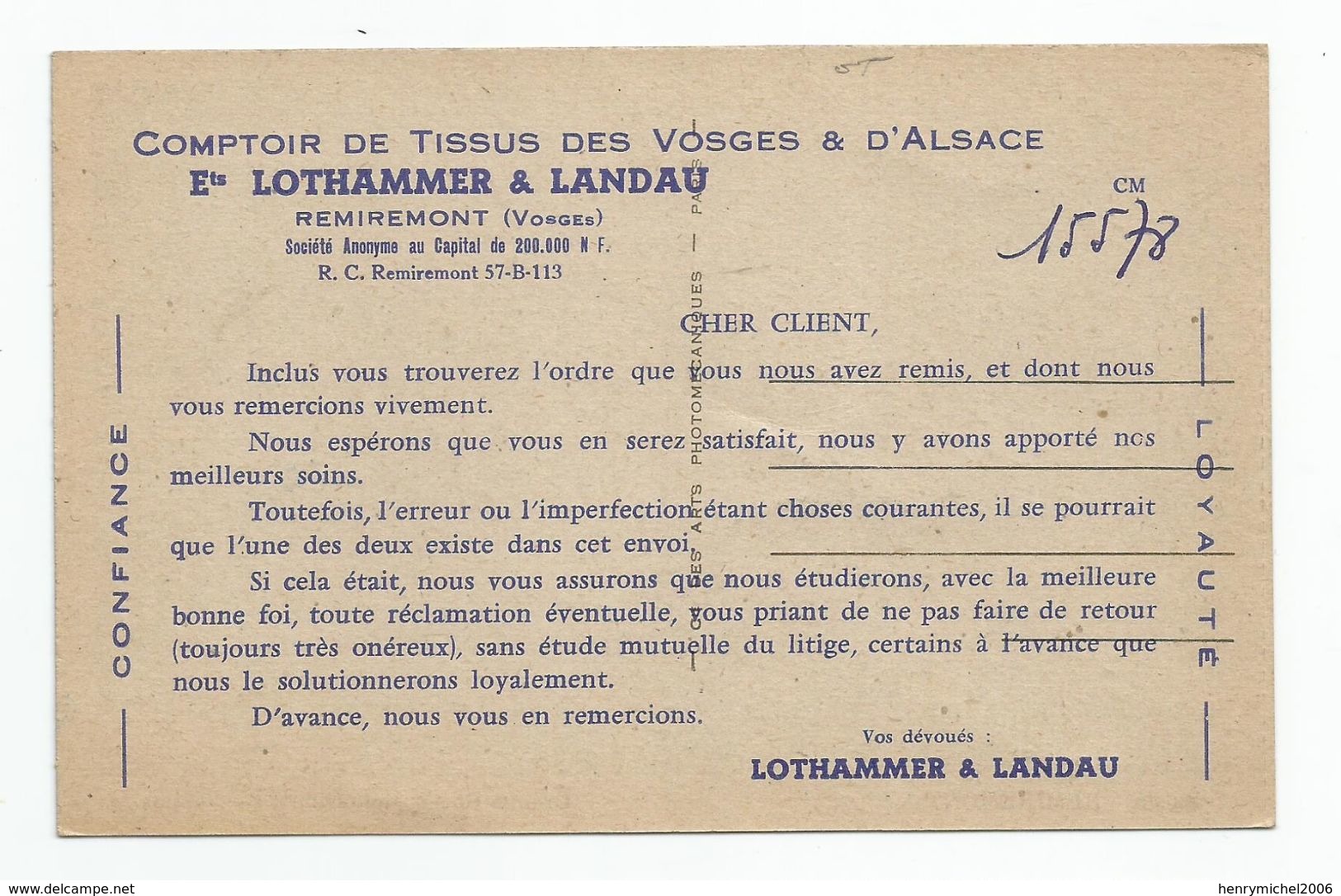 88  Remiremont Comptoir De Tissus Des Vosges Et D'alsace Lothamer Et Landau Pub Publicité - Remiremont