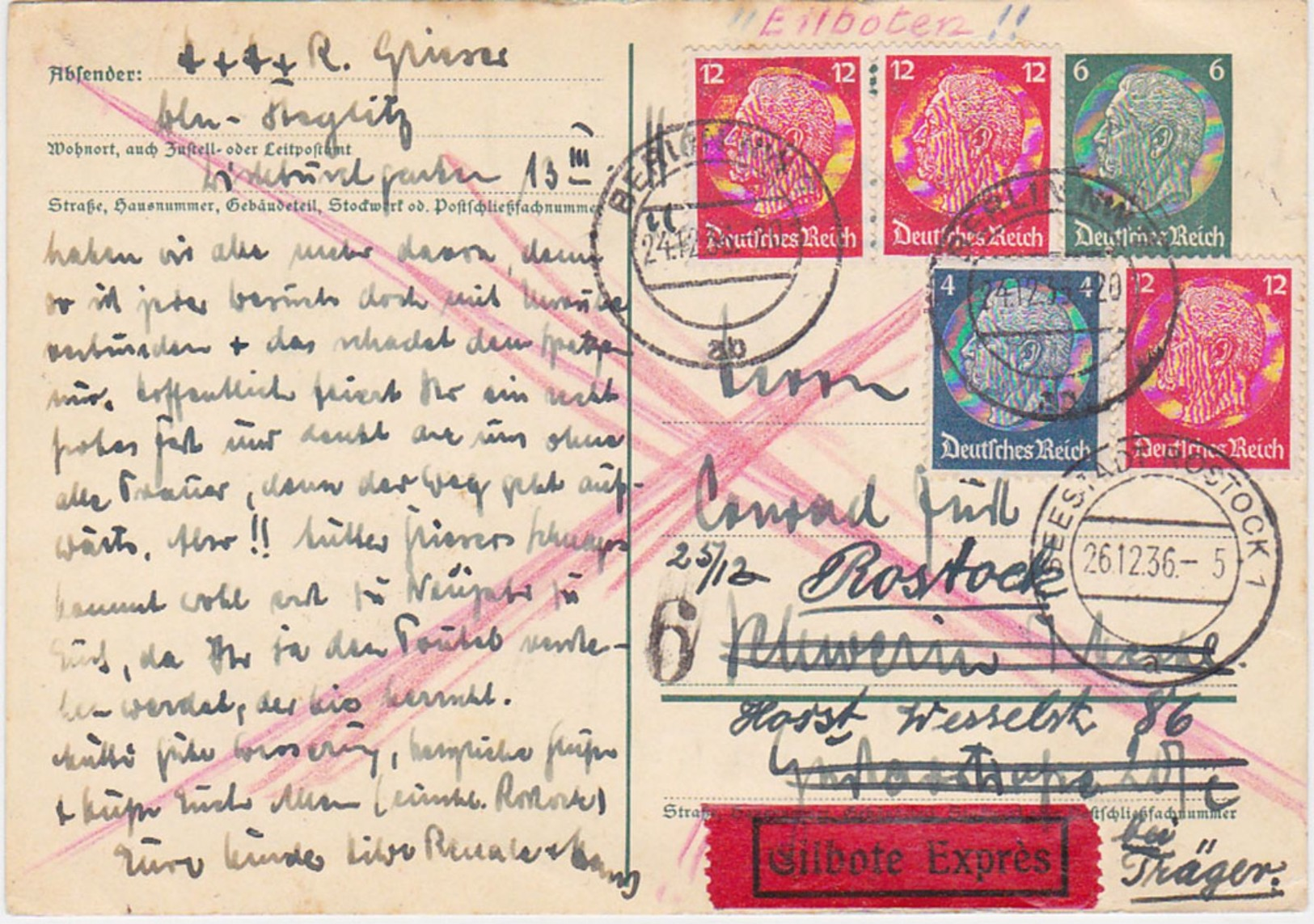 GERMANY 1936 (24.12.) P.ST.CARD UPRAT.BERLIN EXPRESS TO SCHWERIN (resent Rostock) - Autres & Non Classés