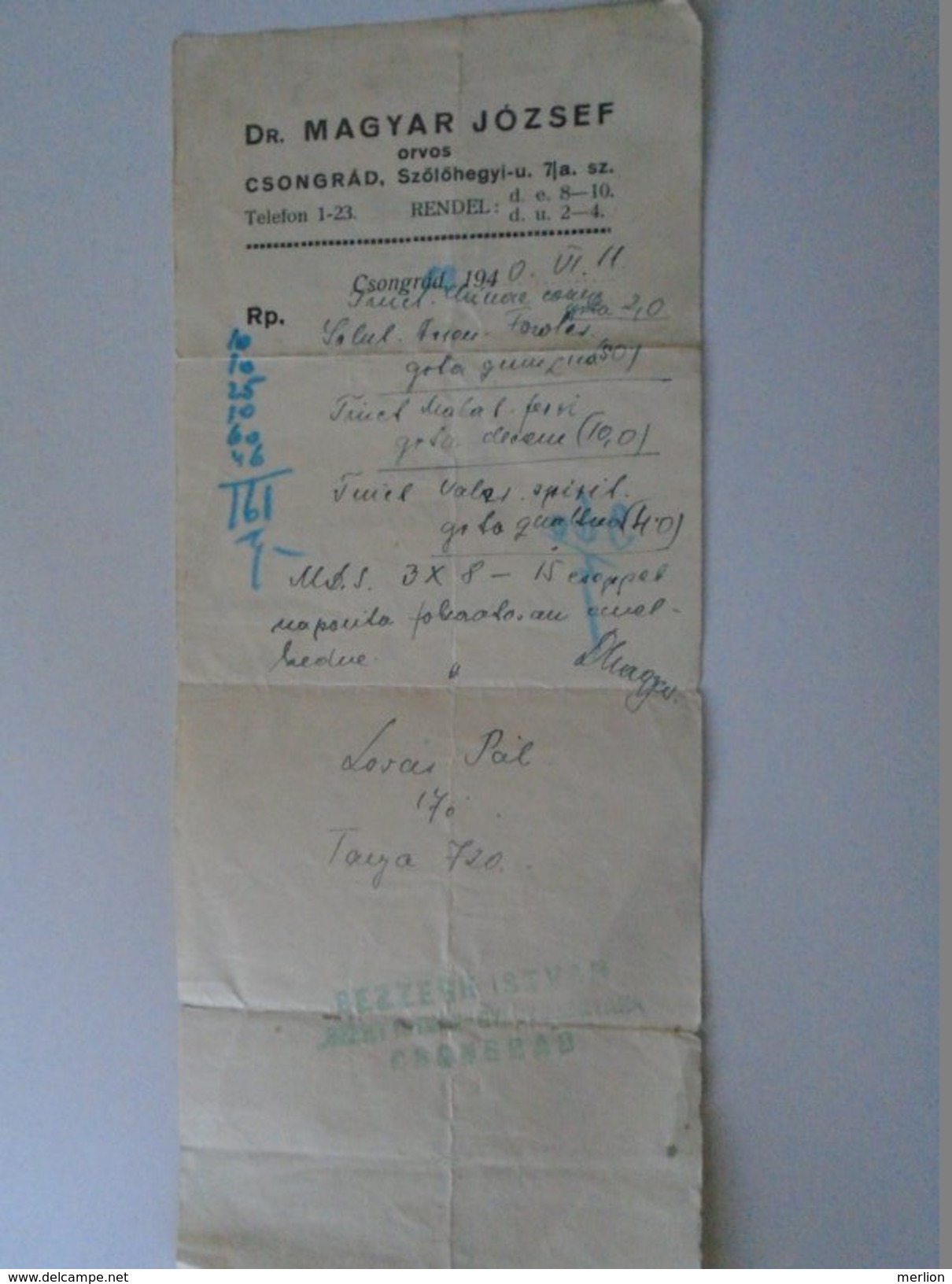 J2049.32 Hungary Pharmacy Apotheke Pharmacie - Csongrád 1940 -Dr. Magyar József  Receipt - Unclassified