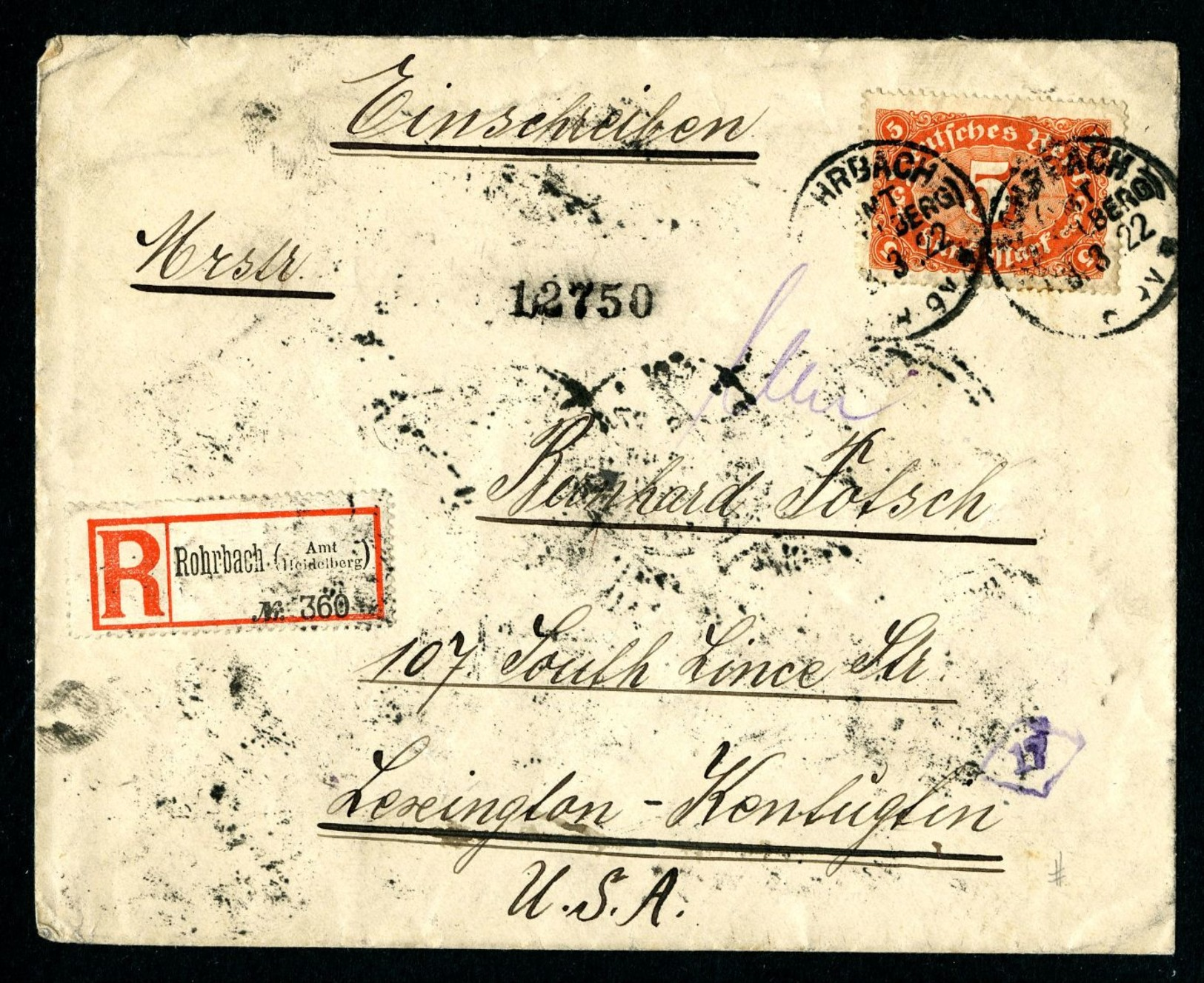 DR Einschreiben 1922 Rohrbach Nach Lexington Kentucky USA L997 - Briefe U. Dokumente